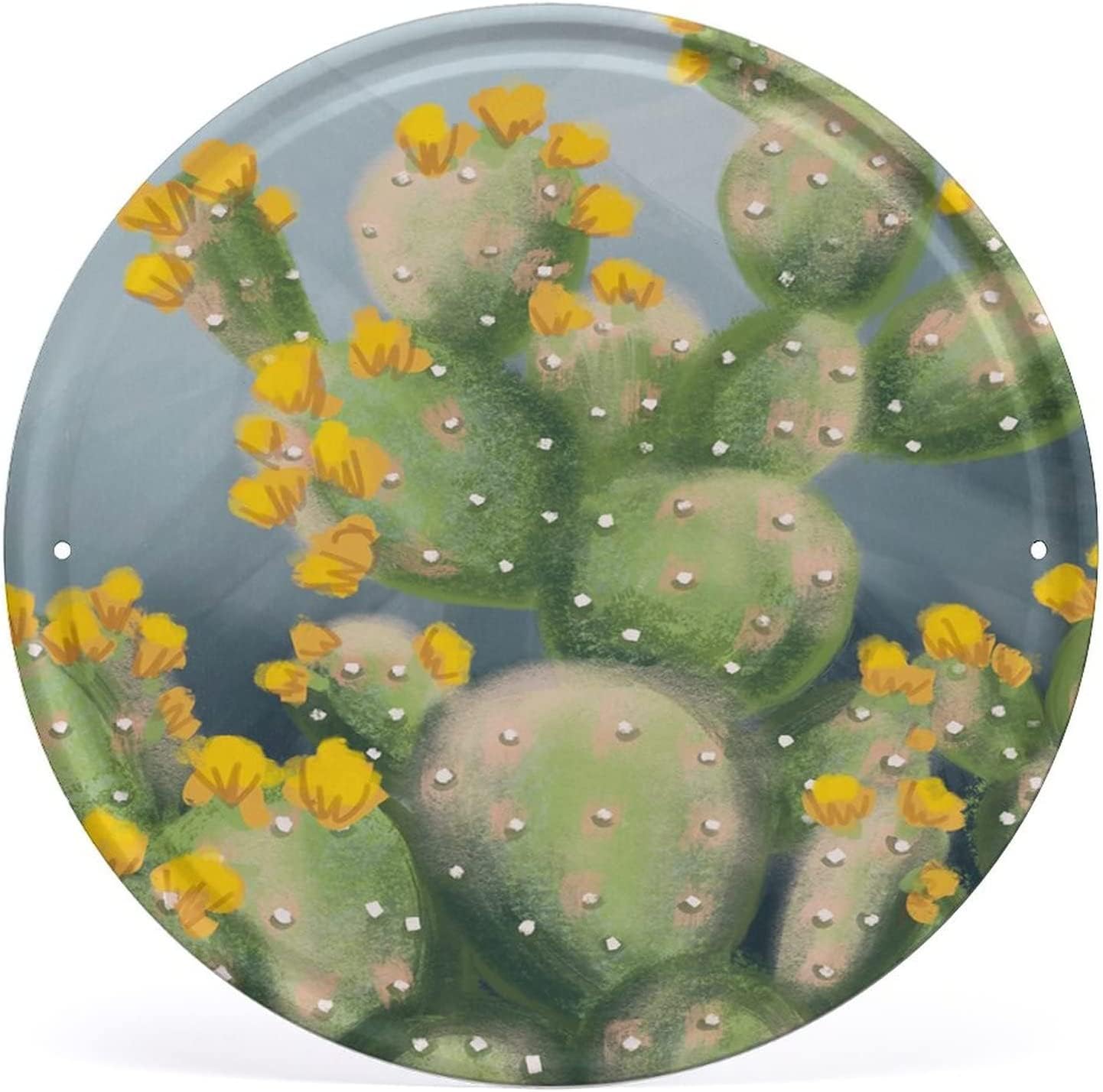 Round Metal Tin Sign Prickly Pear Cactus Oil Painting Plant Lover Retro Tin Sign Funny Vintage Novelty Sign 12x12 Inch for Kitchen Pub Yard Garden Farm Man Cave Coffee Bar