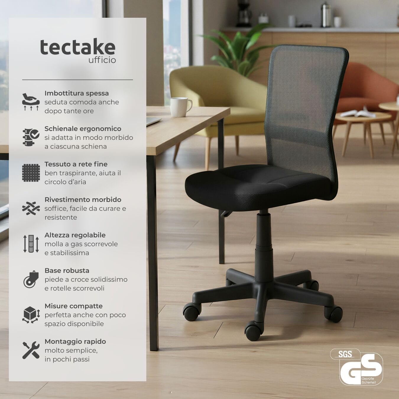 tectake SEDIA UFFICIO SEDIA GIREVOLE STOFFA RETE - disponibile in diversi colori - (Nero | no. 401793)