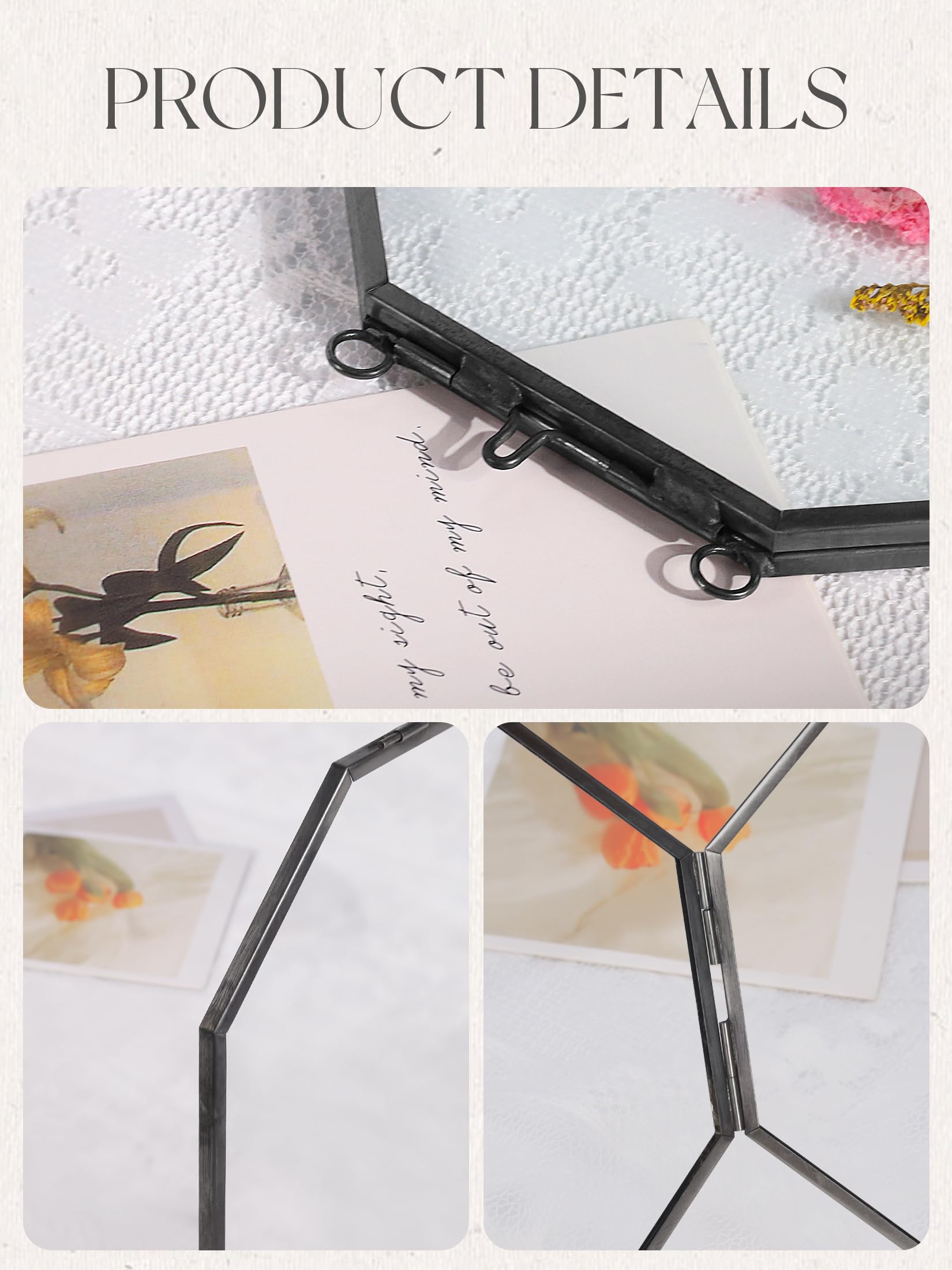 REDHUGO gepresste Blumenrahmen, schwebende Glasrahmen zur Präsentation von getrockneten Pflanzenspezimen, hängender Messing-Fotorahmen mit Kette, doppelt klares Glas, Vintage Wanddekoration, Achteck