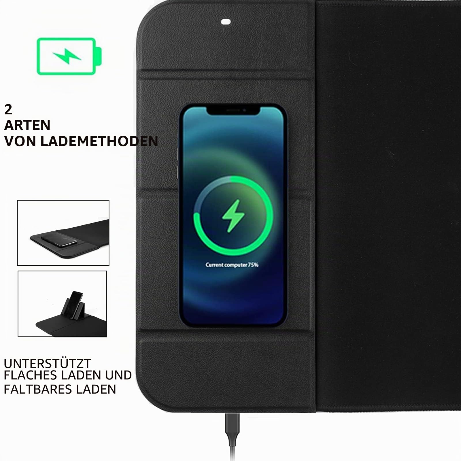 Gaming Mauspad 15W Qi Mousepad Drahtloses schnellladendes Mauspad Faltbarer Telefonhalter Kabelloses Laden für I-Phone Pro Handy, Kopfhörer, große Mousepad Basis Computer.