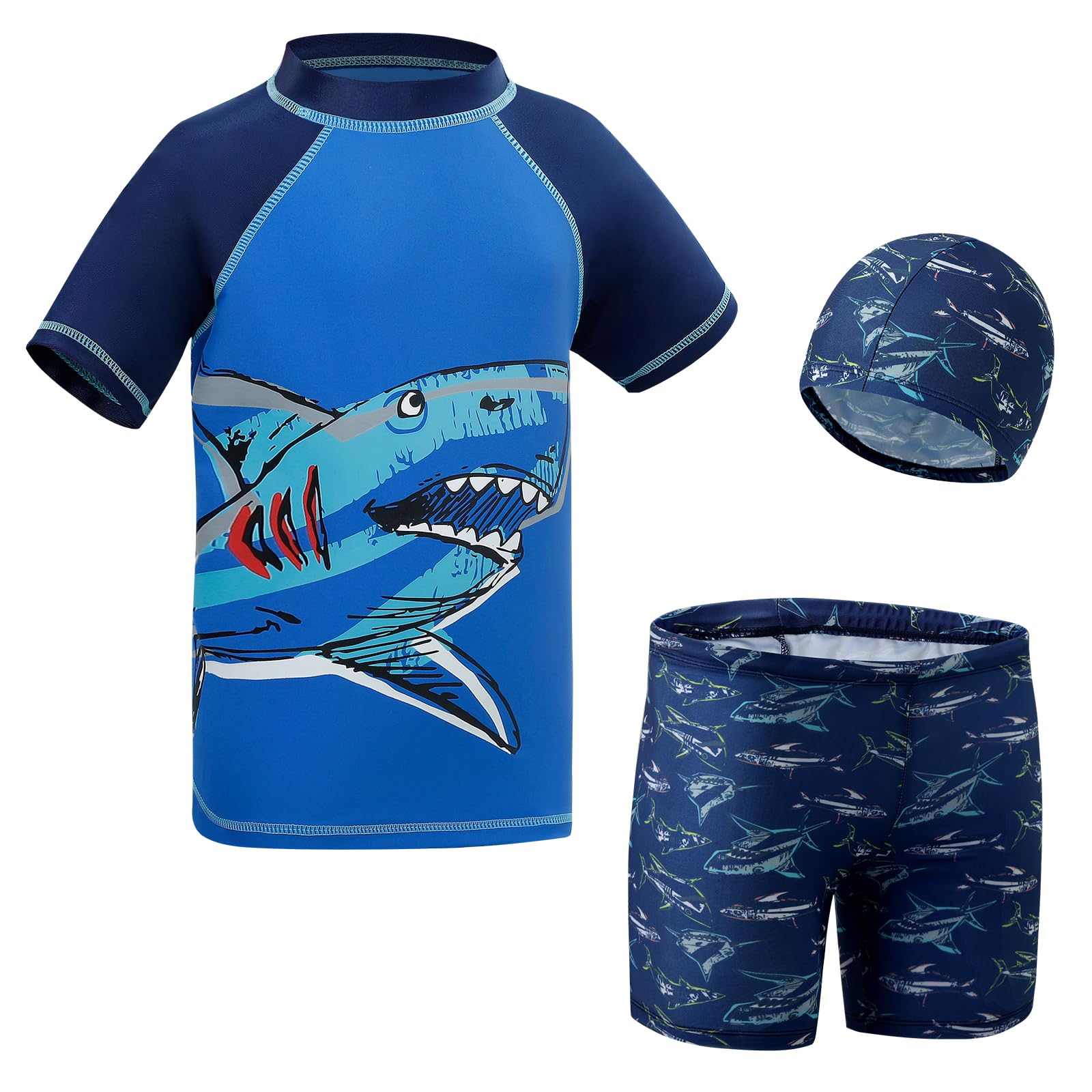 KAKU NANU 3 Piezas Bañadores Niño 5-14 Años Bañador Gorro Piscina Camiseta Proteccion Solar