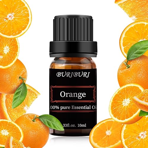 BURIBURI Aceite esencial de naranja para difusor, aceite de naranja orgánico de 0.3 fl oz para la piel, 100% puro, sin diluir, aceites esenciales