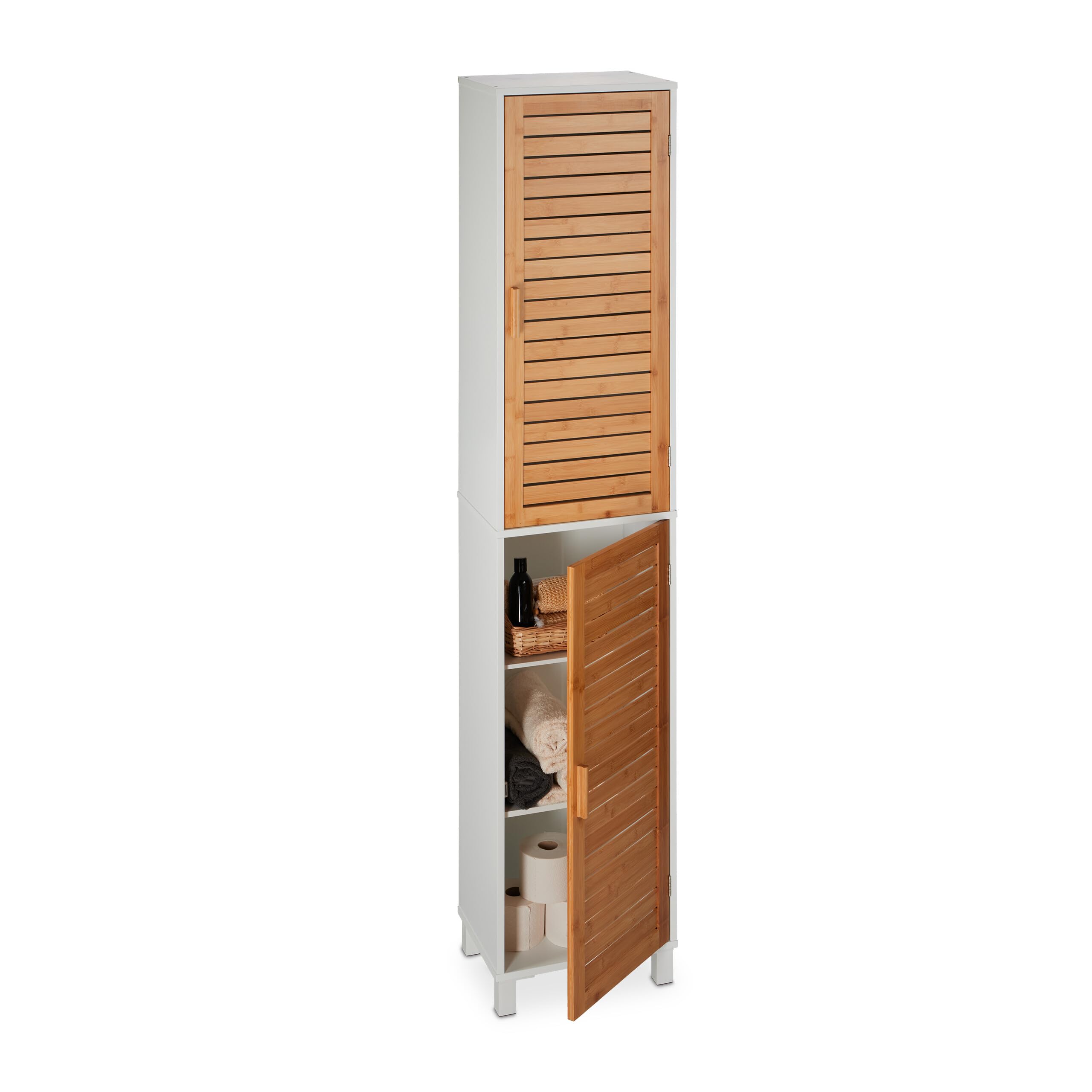 Relaxdays White/Natural Bathroom Cabinet, Hwd: 190X40x30 Cm, 6 Compartments, Mdf & Bamboo, Tall & Narrow Shelving Unit,