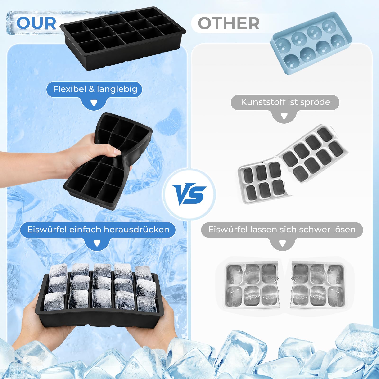 Pack 2 Cubiteras Silicona anti-olor con Tapa, 15 cavidades cada una, fácil de desmoldar, apilable, aptas para lavavajillas, LFGB sin BPA. Para hielo de café, whisky, purés. Negro.