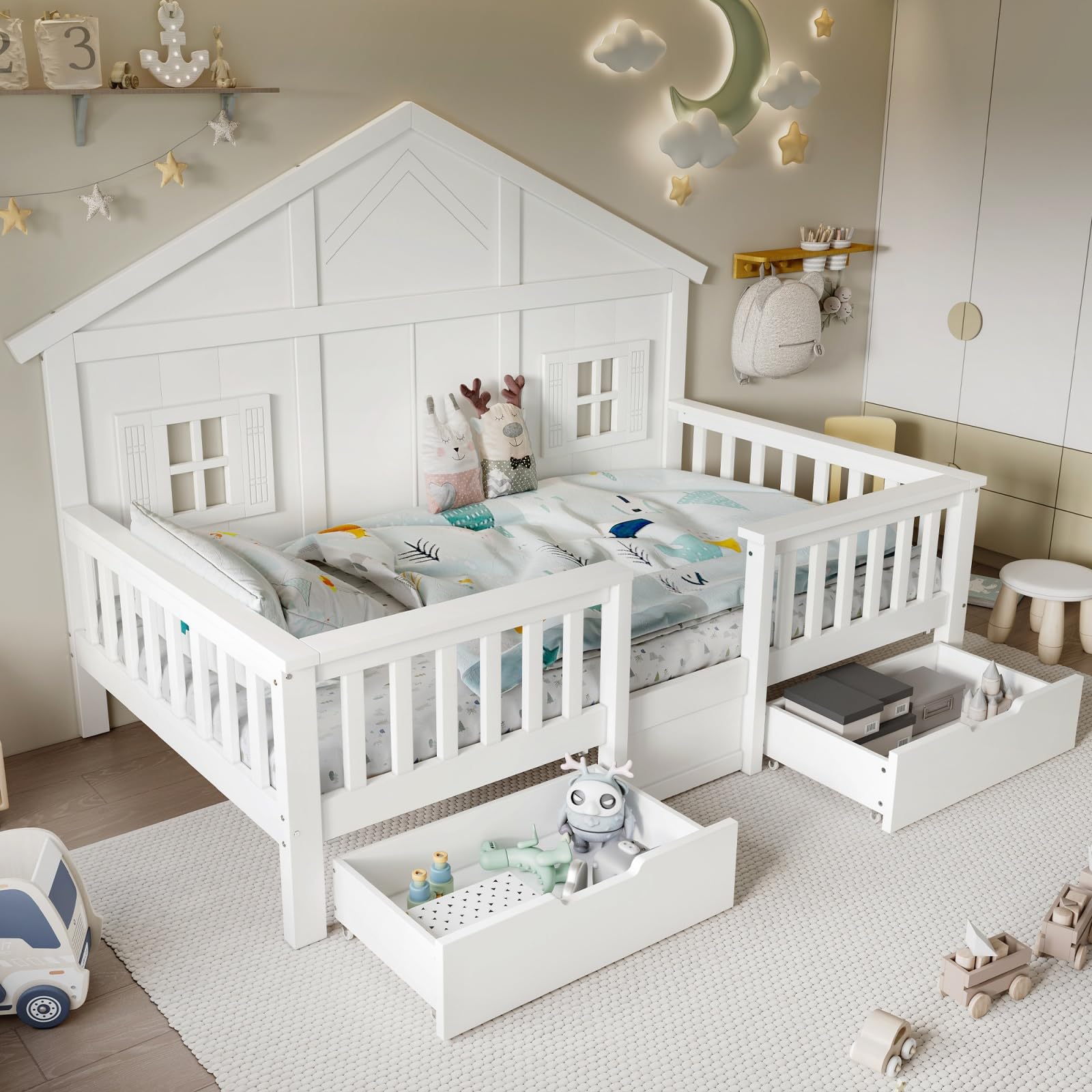 Sweiko Lit pour Enfant de 90 x 200 cm, Cadre de lit en Bois Massif avec barrières de sécurité, tiroirs à roulettes et décor en Forme de Maison, sans Matelas