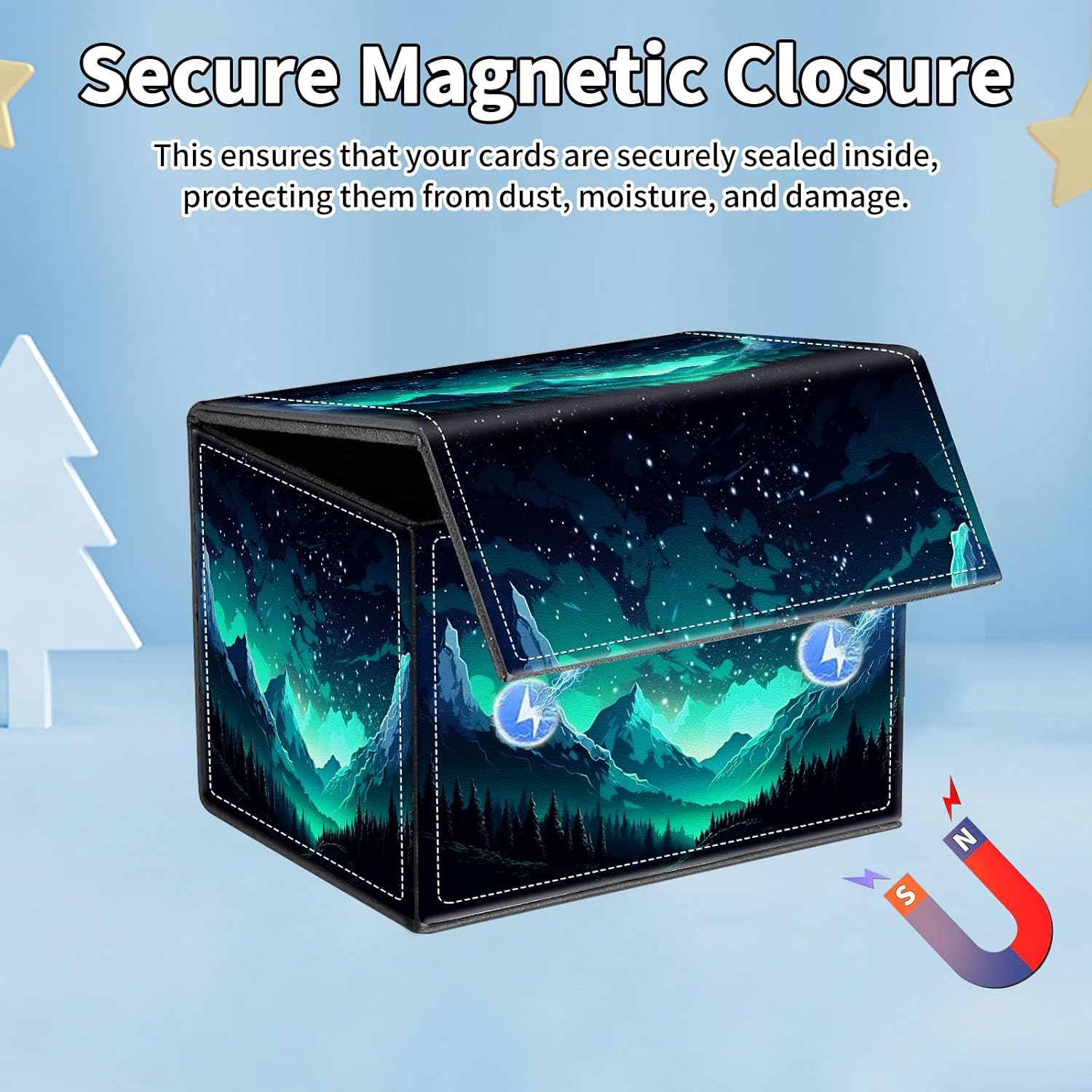for MTG Commander Deck Box,Card Deck Box for Trading Yugioh MTG,Fits 100 Double Sleeved Cards,PU Leather Strong Magnet Case for Magic Commander TCG CCG,Green Starry Sky Snow