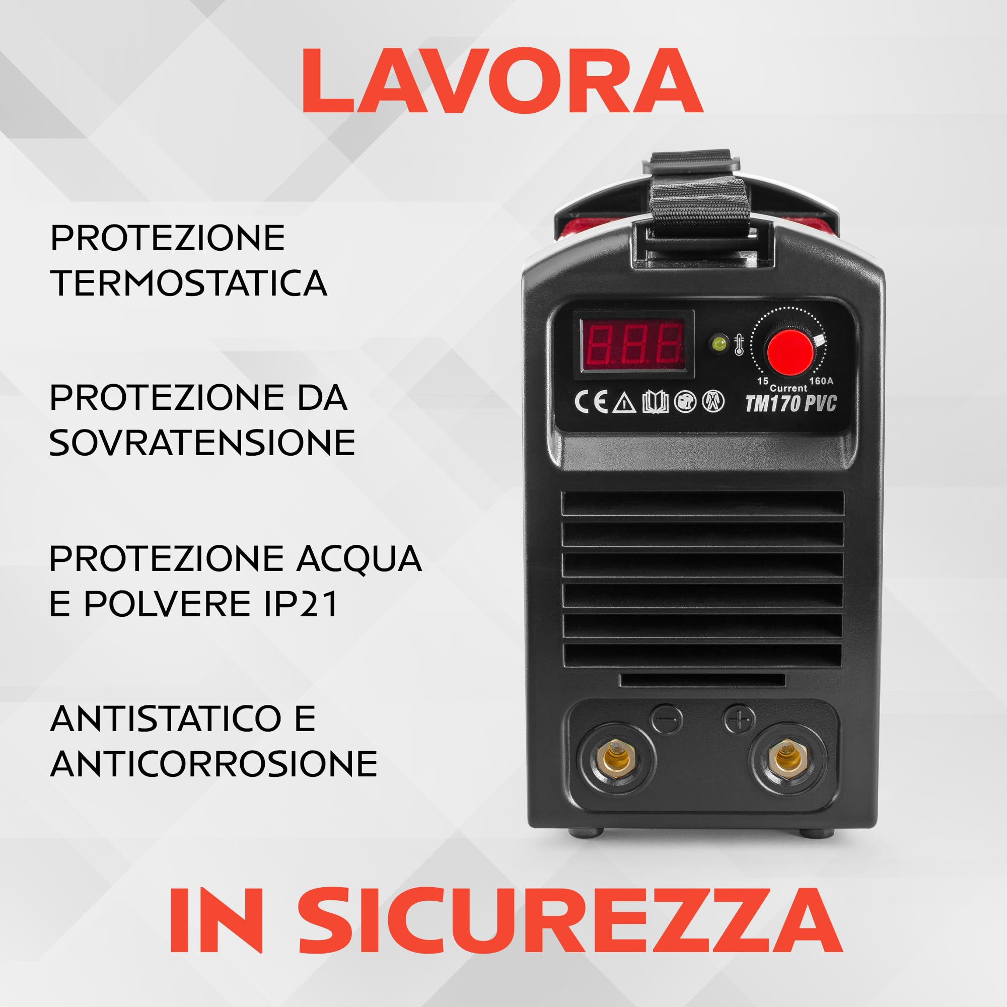 TIGMIG Saldatrice Inverter MMA (Elettrodo), Fino a 160 A, Modello TM170PVC, Con Funzione LIFT TIG, Con Valigetta In PVC Per Trasporto, Accessori Inclusi, Garanzia e Assistenza ITALIA