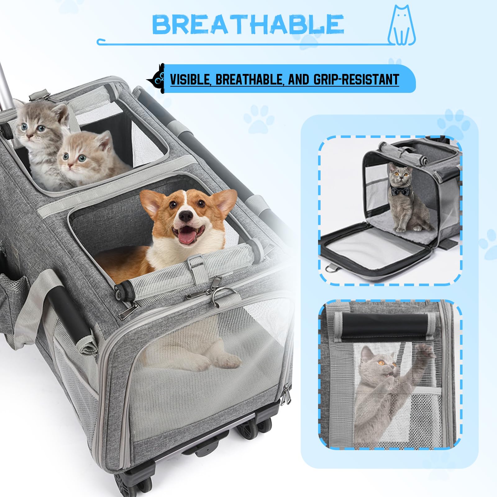 Extra große Haustiertrage mit Zwei Fächern und Rollen für Katze/Hund, Abnehmbarer Faltbar Katzentransportbox für 2 Katzen bis 20kg, Belüftetes Katzen Kucksack Groß für Reisen