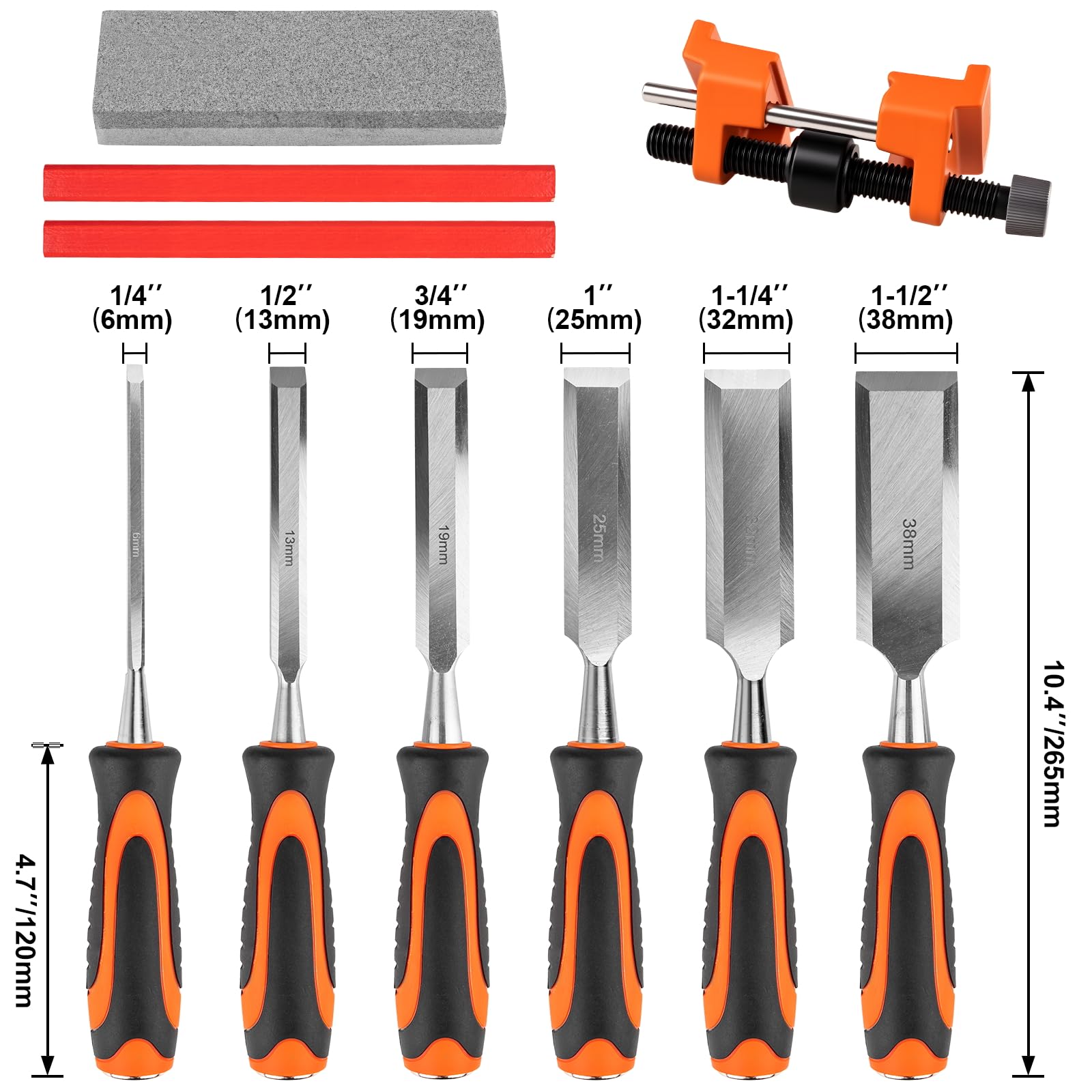 10Pcs Wood Chisel Sets, 6Pcs Premium Wood Chisels with Honing Guide, Sharpening Stone & Carpenter Pencils, Wood Carving Tools Kit for DIY & Professional Use (6-38mm)
