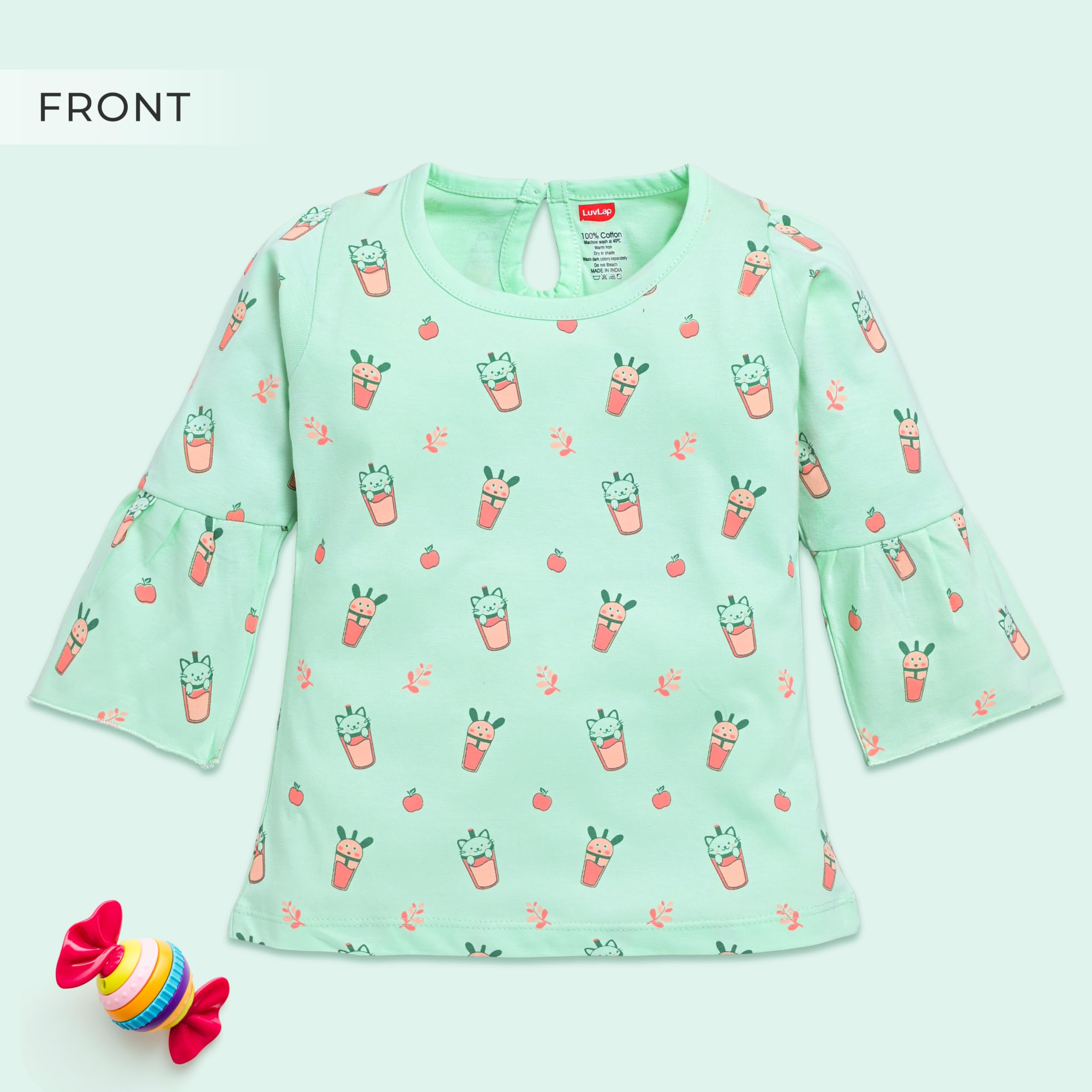 LuvLap Baby Girls 100% Cotton Full Sleeve Girls Top Pack of 2, Sea Green & Mango, L (6 to 12 Months)