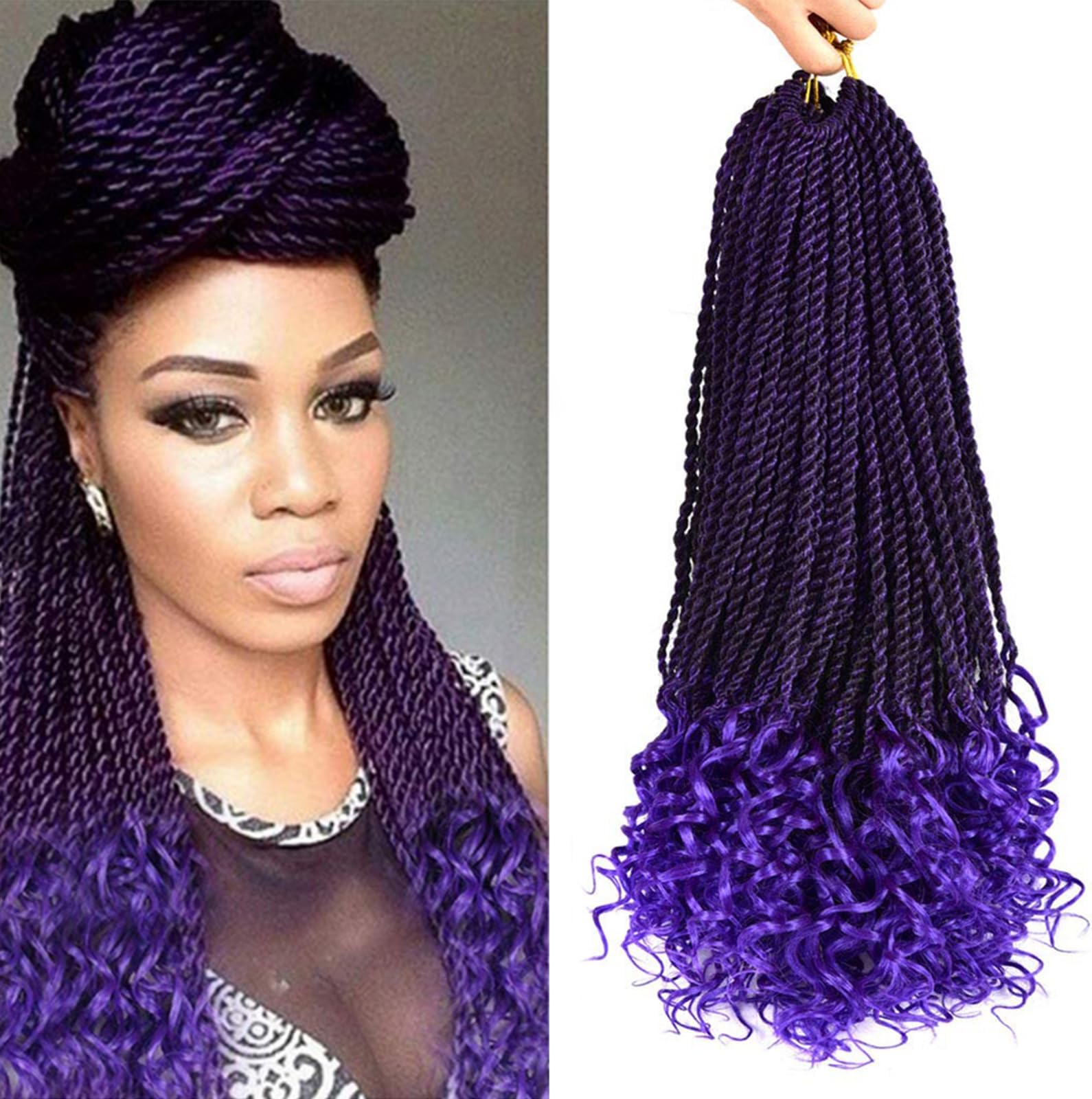 HVN-KVVM 18 Inch Senegalese Twist Crochet Hair with Curly Ends Purple Prelooped Goddess Box Braids Crochet Hair for Black Women(5 Packs,1B/Purple)