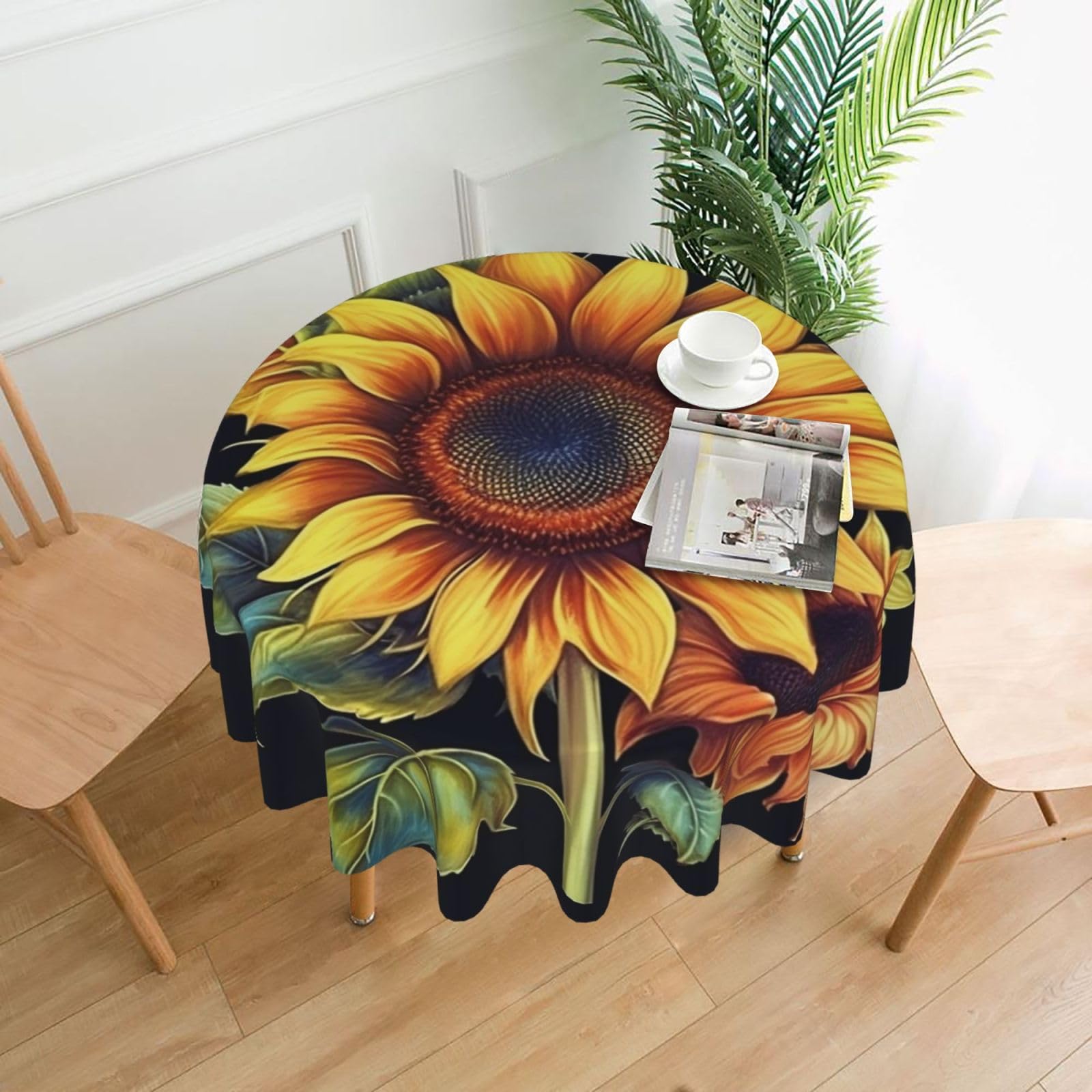 FodPand Summer Sunflower Tablecloths for Round Tables 60 Inch - Reusable Washable Dining Table Clothes - Stain and Wrinkle Resistant Decorative Fabric Table Cover for Wedding Party