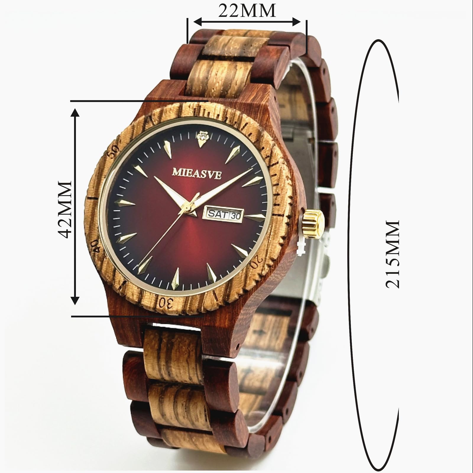 Relojes de madera hechos a mano para hombre, esfera roja, ligero, analógico, de cuarzo, correa ajustable