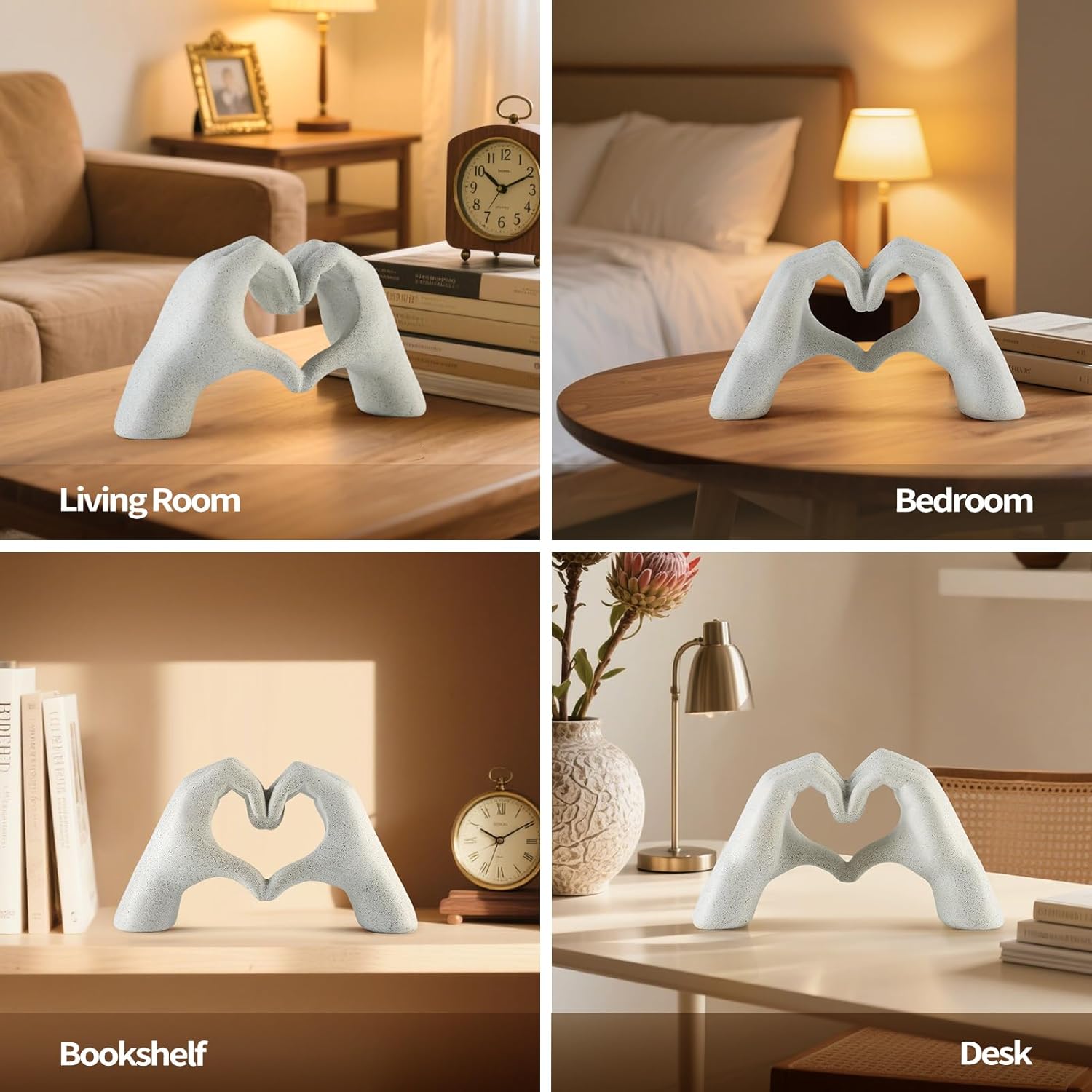 White Heart Hands Sculpture - 9.4" W Modern Home Decor Sculpture for Shelves, Desk & Living Room, Minimalist Shelf Decorations, Heart Hands Decor
