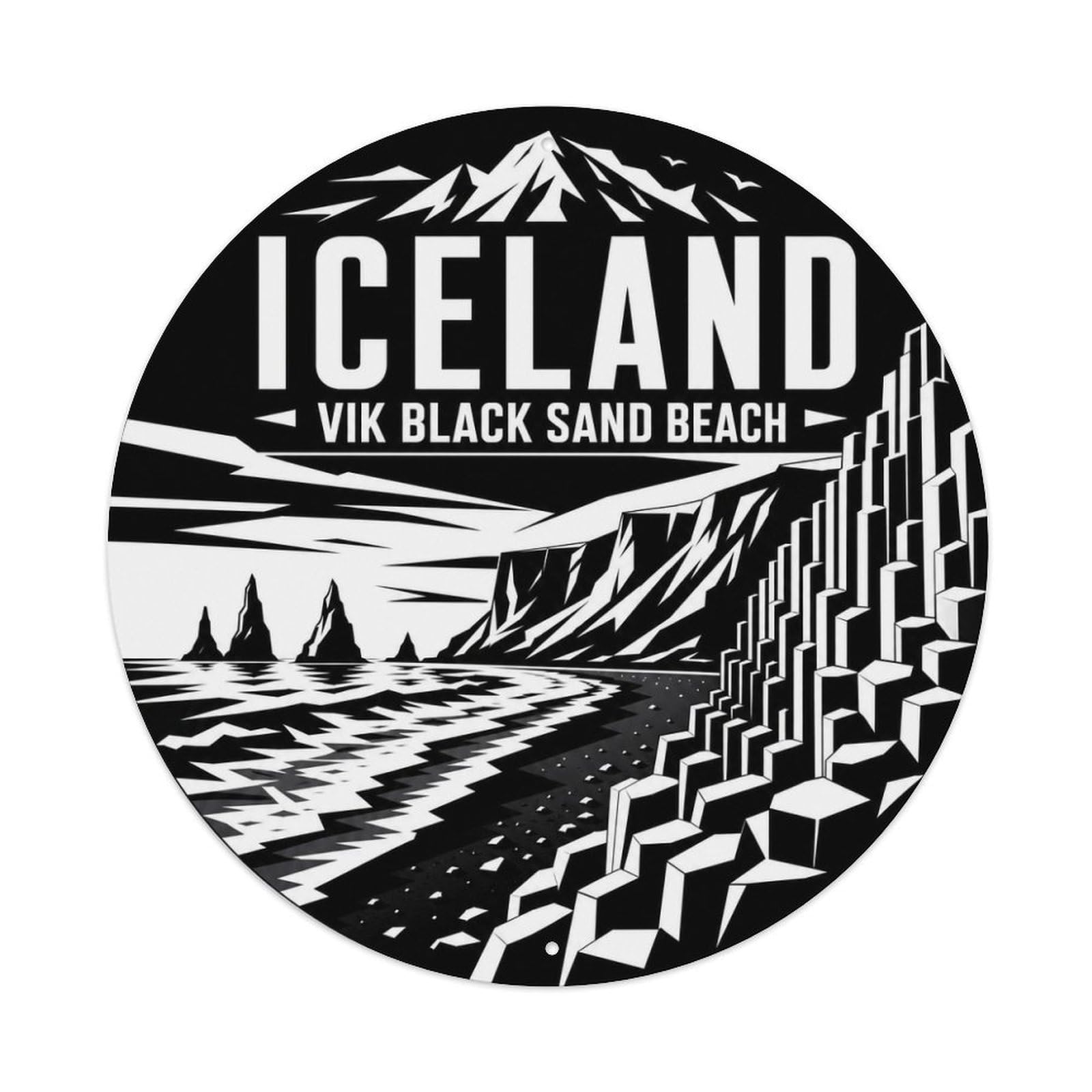 Vik Black Sand Beach Nordic Monochrome Harbor Landmark Metal Tin Sign Plaque Wall Decor for Cafe, Man Cave, Club Bar, Office, Home Garden Round Metal Poster 8x8Inch