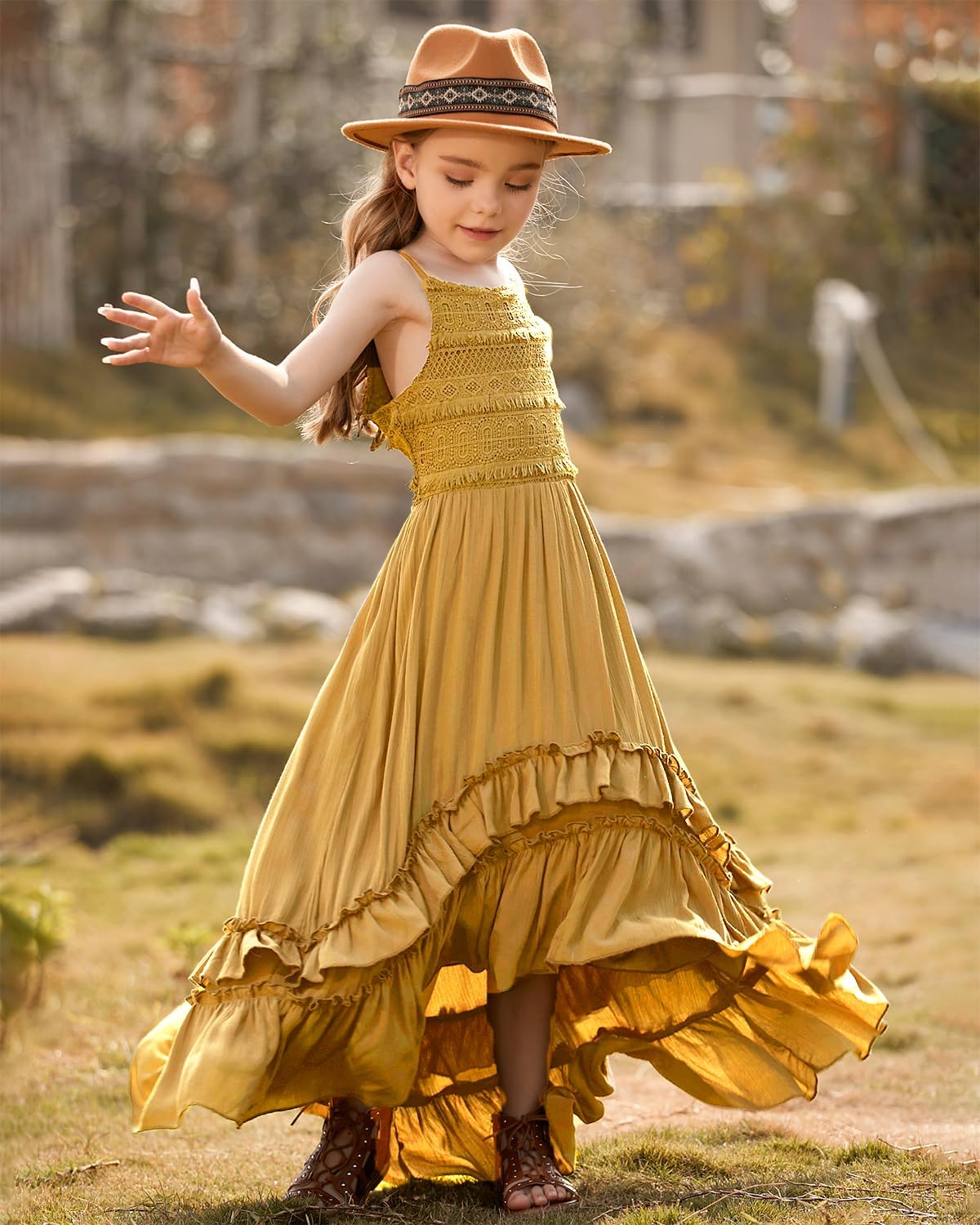BIBIHOU Girls Kids Lace Backless Boho Holiday Wedding Maxi Flower Girl Dress