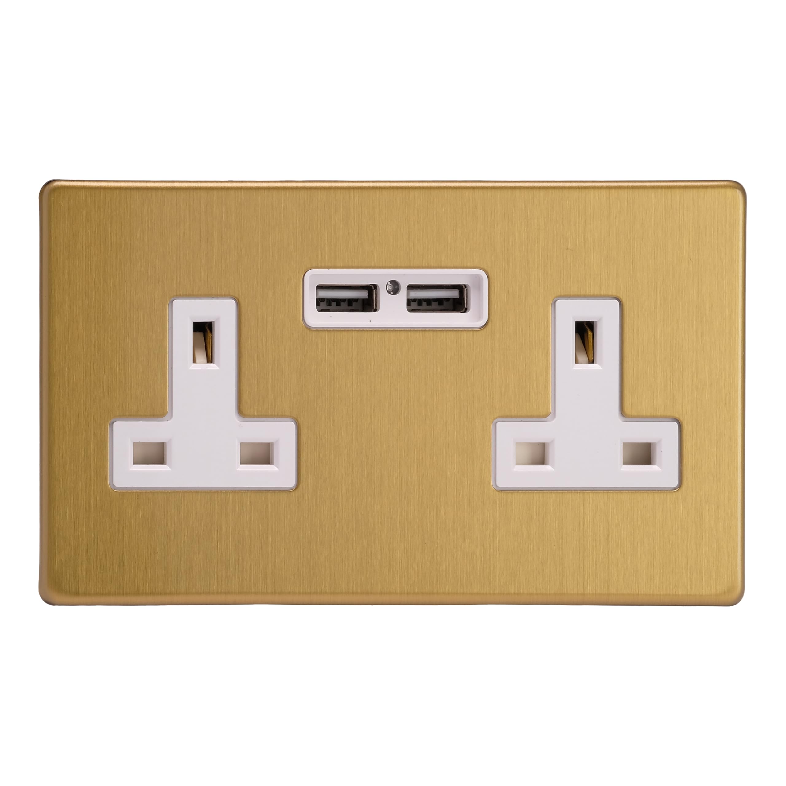 XDB5U2WS Varilight 2 Gang, 13 Amp Unswitched Socket with 2 Optimised USB Charging Ports, White Insert. Dimension Screwless Brushed Brass Effect