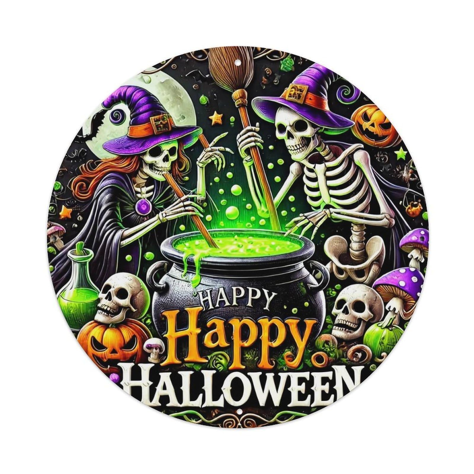 Skeleton Witch Cauldron Pumpkin Magic Round Metal Tin Sign Vintage Wall Decor, Bar Garage Cafe Kitchen Home Wall Art Poster 8x8inches