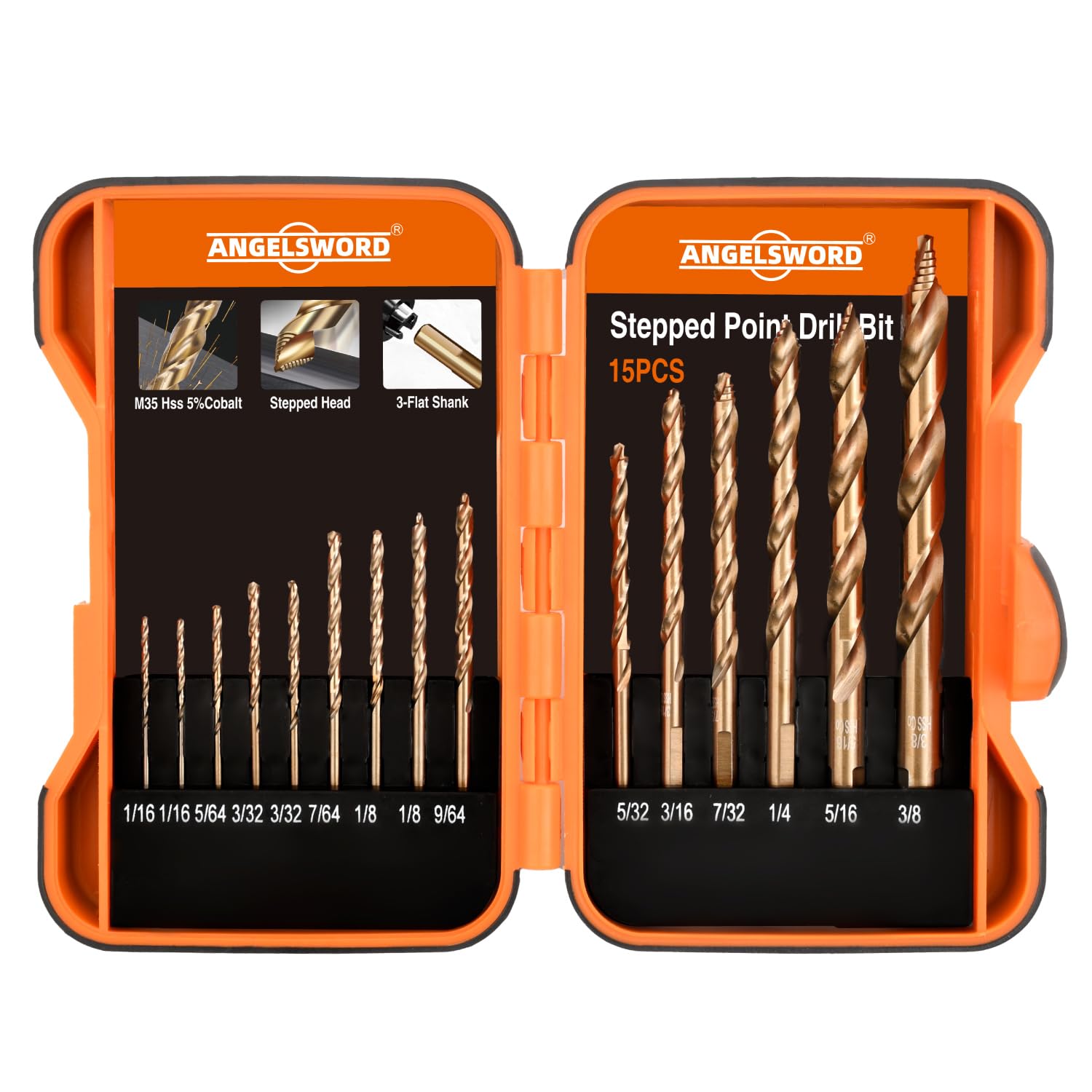 ANGELSWORD M35 Cobalt Stepped Point Tip Drill Bit, 15 PCS(1/16"-3/8"), Titanium Coated Drill bit, for Steel, Cast Iron, Aluminum, Brass, Acrylics