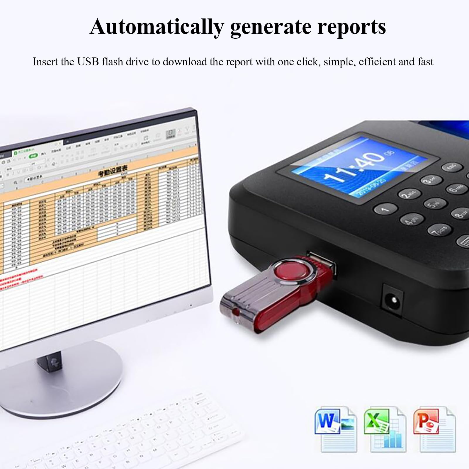 Máquina de asistencia de empleados para pequeñas empresas, soporte multilingüe, generación automatizada de informes, no requiere software, fácil registro de entrada y salida