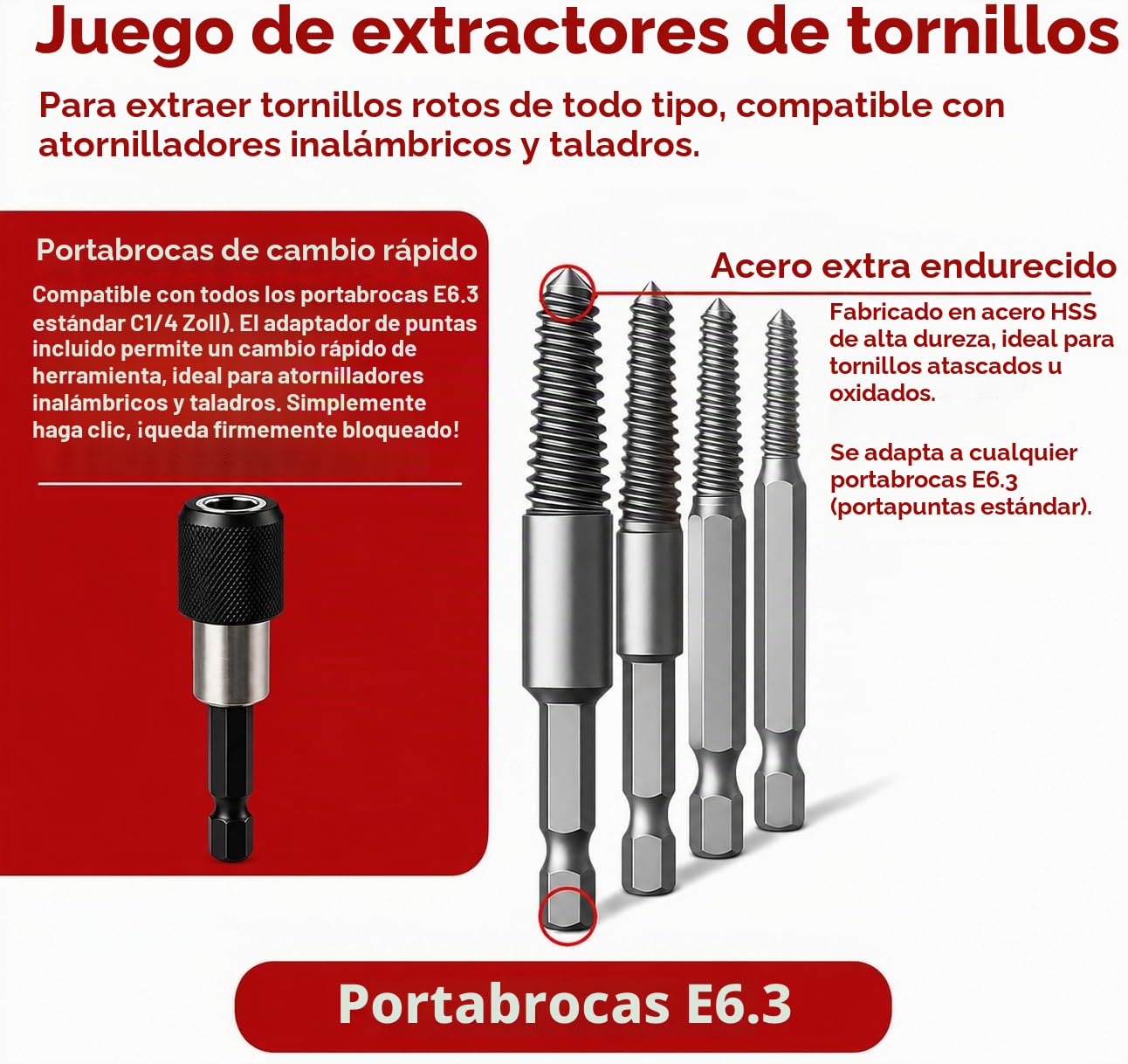 Juego de extractores de tornillos 6 piezas E6.3 - Extractor izquierdo con portapuntas de cambio rápido - Destornillador + extractor para tornillos dañados y atascados