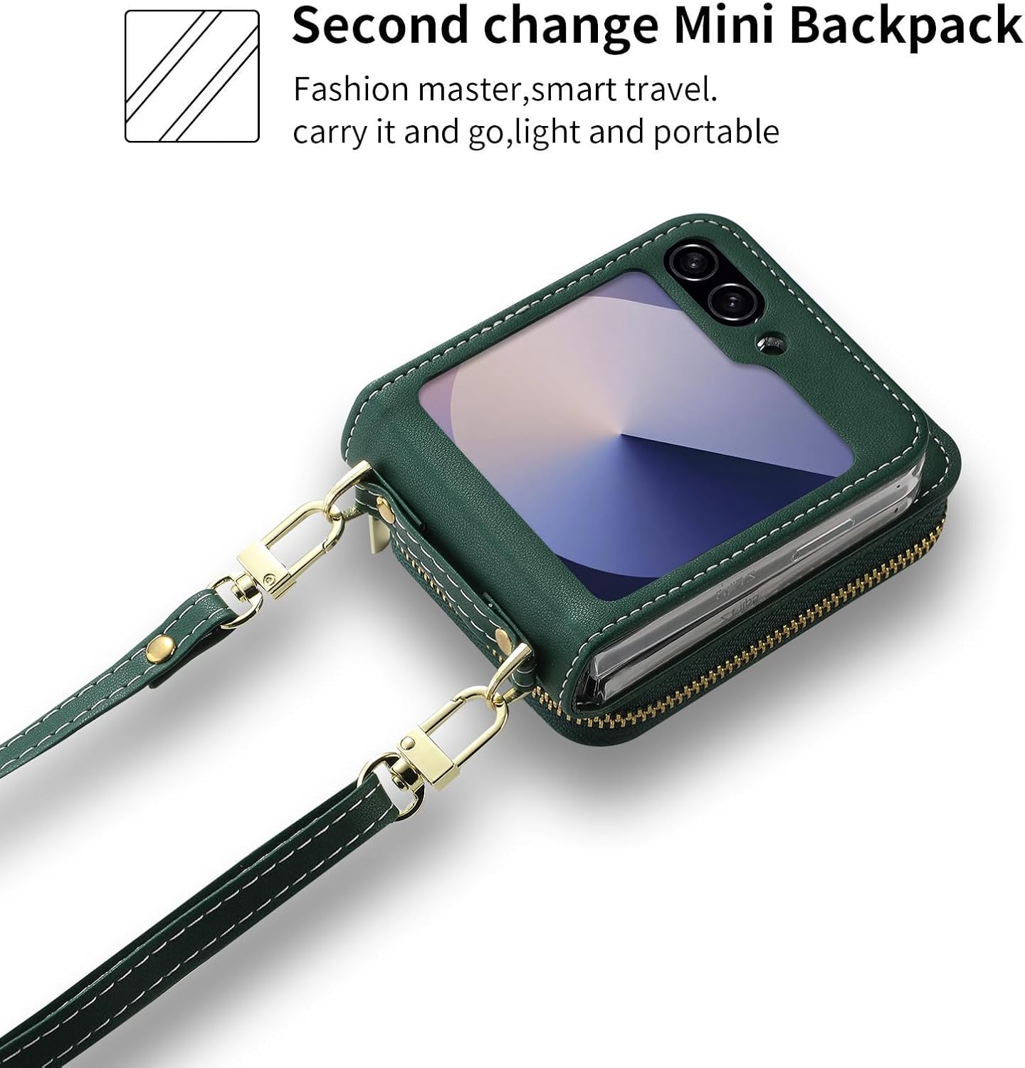 for Samsung Galaxy Z Flip 6/Flip 7 FE Luxurious Leather Zipper Wallet Case Offers 6 Card Slots, with Wrist Strap and Adjustable Shoulder Strap Like a Mini Backpack.(Green)