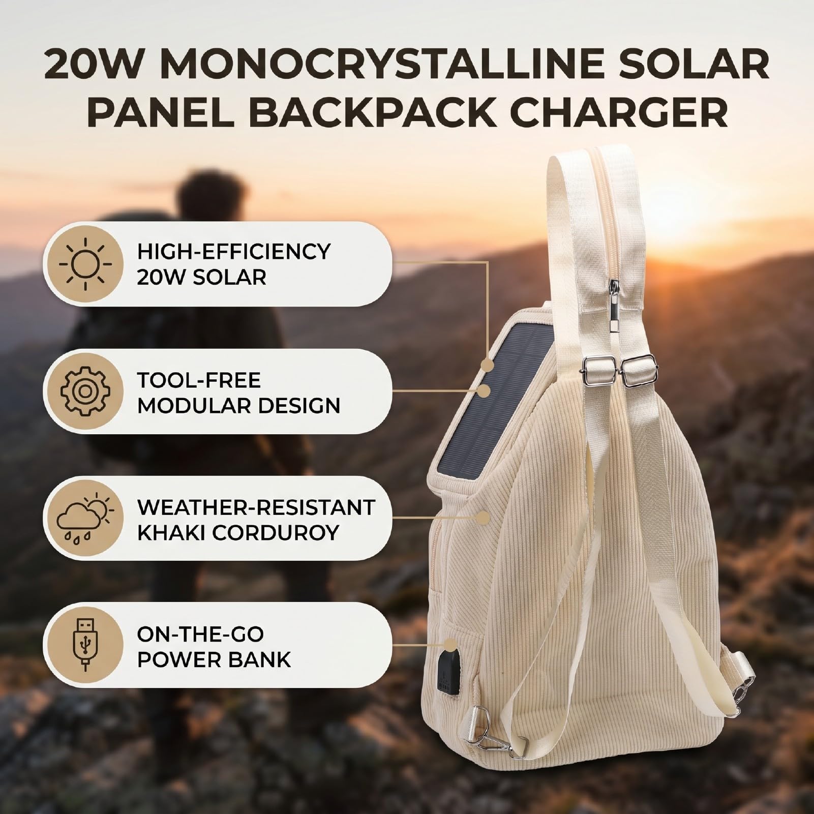 Fockety Zaino con Pannello Solare, Zaino da Trekking Pieghevole in Silicio Monocristallino da 20 W con Caricatore Solare da Esterno per Viaggi Scolastici All'aperto, Sport e