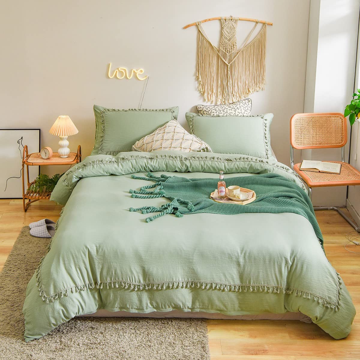 Musolaree White Tassel Fringe Beding Texture Soft and Warm Duvet Cover for Girls Solid Color King Duvet Cover 1Duvet Cover and 2Pillow Shams,Green,55 * 82.6