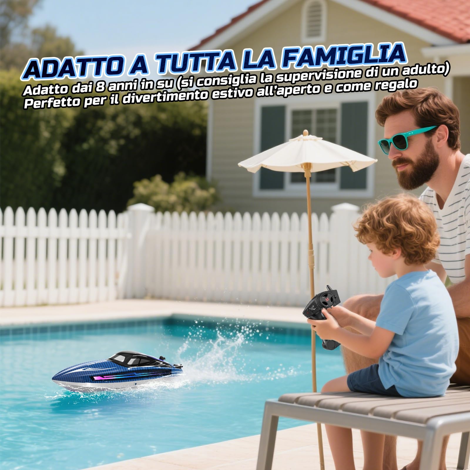 WeFone Barca telecomandata per adulti, 25+ KMH Fast RC Speed Boat con luce LED per bambini, Demo, WF17 Ideale per piscine e laghi giocattolo, 2 batterie ricaricabili per 30-40 minuti (blu)
