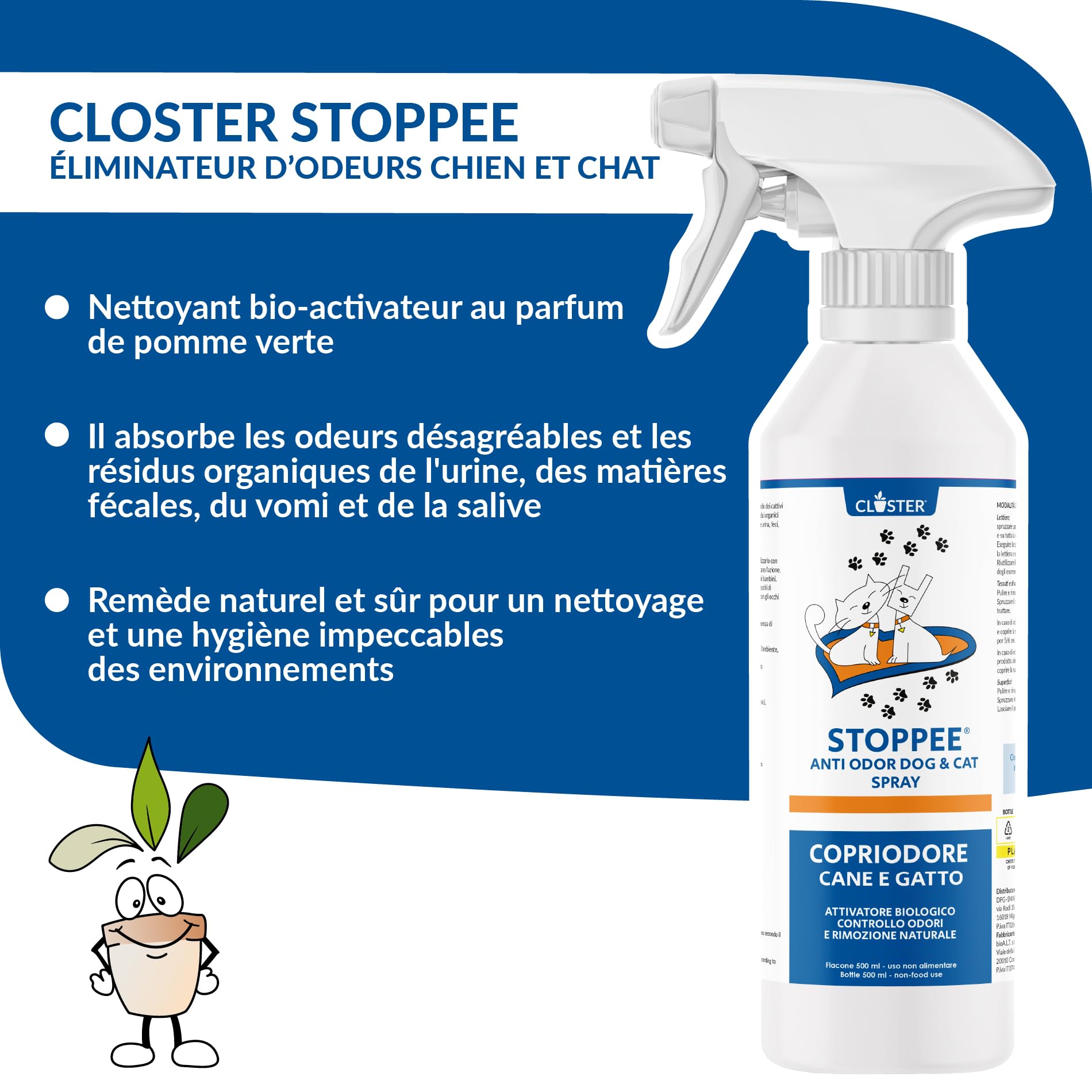 CLOSTER STOPPEE Spray hygiénisant Elimine les odeurs et dissout l'urine et les fèces des chiens et des chats, Combat les odeurs désagréables avec le parfum pomme verte 500 ML + recharge 500 ML