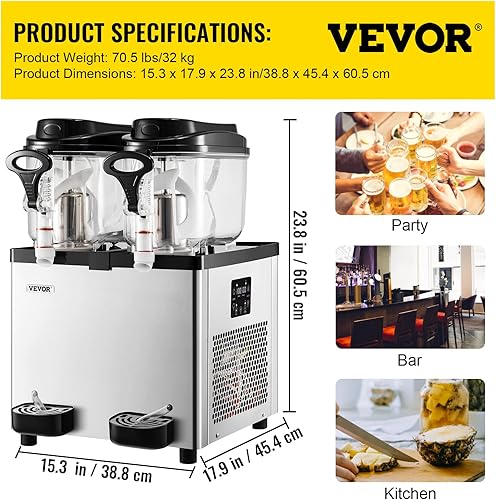 Miniatura 7 de VEVOR Máquina comercial para granizar, 6 L x 2 tanques 50 tazas Margarita, 700 W 110 V batido de acero inoxidable congelado máquina perfecta para