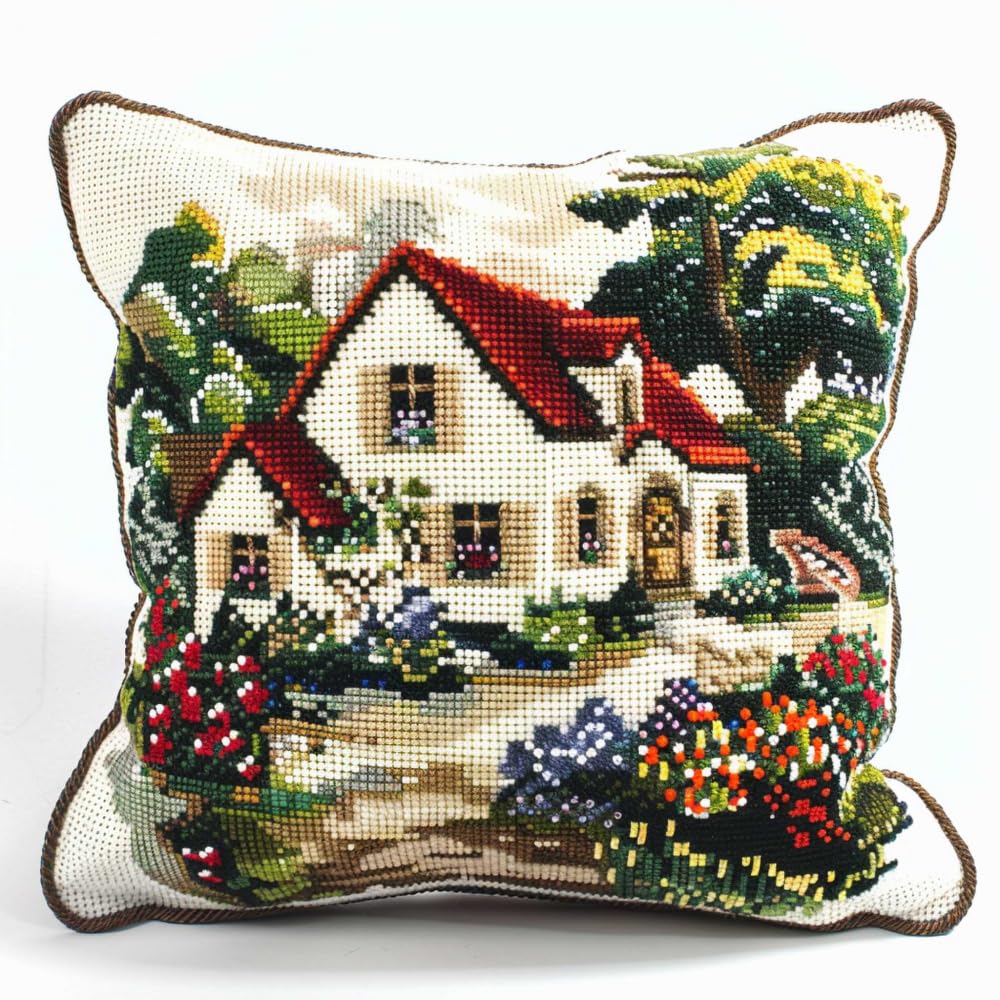 Rkflgew Pillow Embroidery Kit Flowers And Cottage Landscape Diy Latch Hook Cushion Kit Beginners Adults Teenager Gift Embroidery Home Decoration Latch Hook Kit 43X43cm
