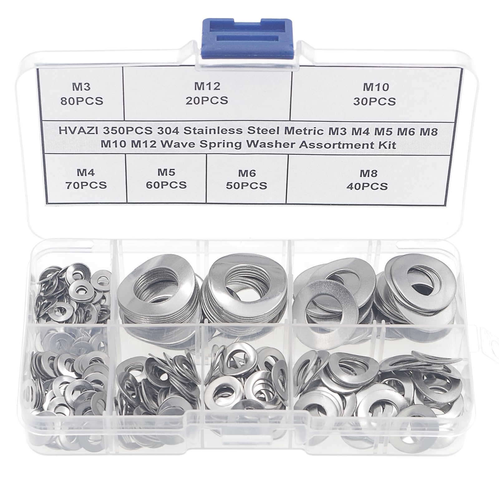 350PCS Metric M3 M4 M5 M6 M8 M10 M12 304 Stainless Steel Wave Spring Washer Assortment Kit