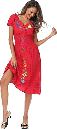 Miniatura 8 de YZXDORWJ Vestido casual bordado mexicano para mujer, cuello en V, mangas cortas