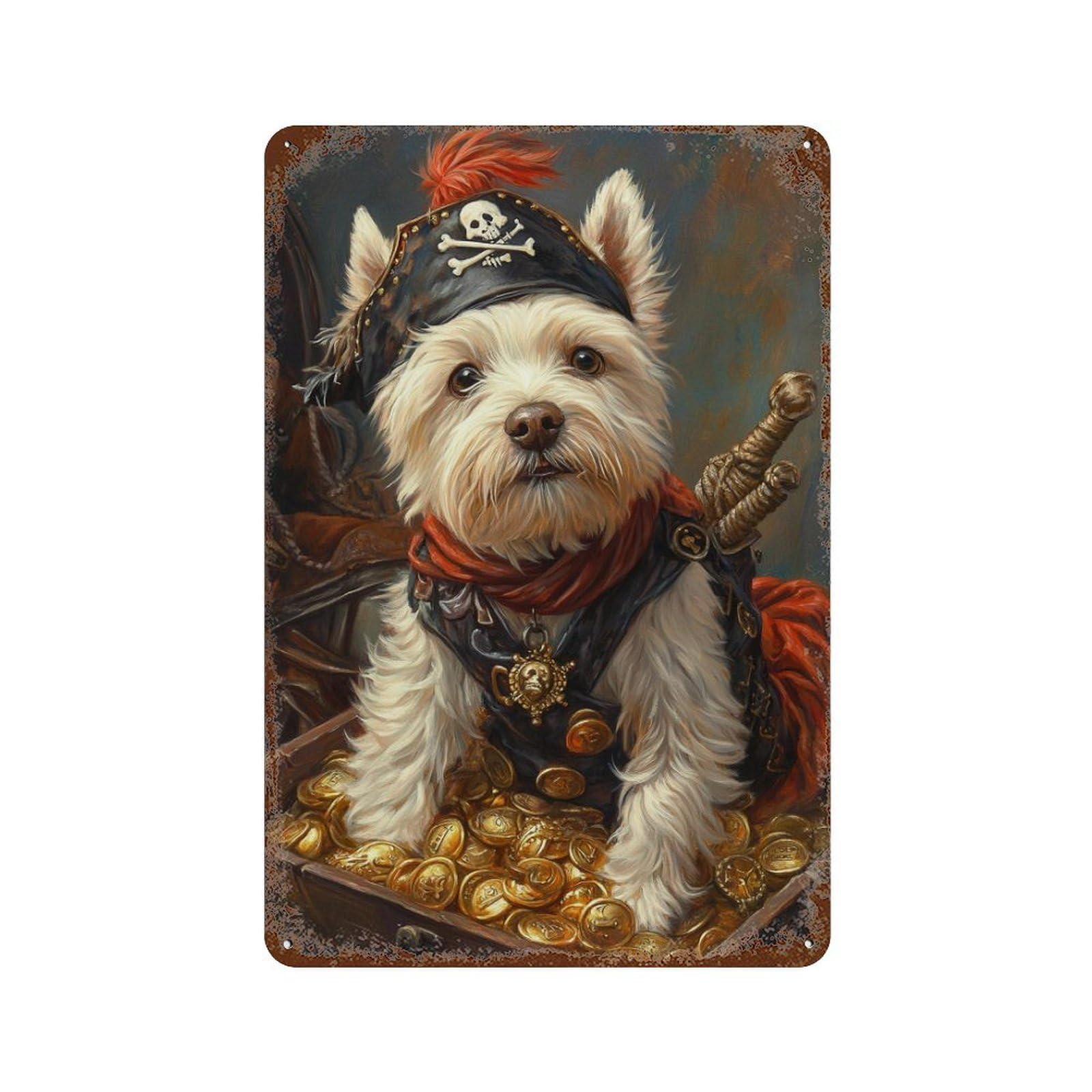 Pirate Dog Treasure Chest-117 Rust Effect Tin Sign 11.8"x7.9", Vintage Wall Decor for Bistro, Counter And Cafe Decor