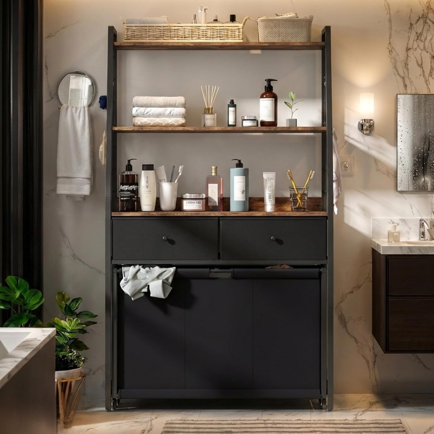 Laundry Sorter with 2 Drawers, 3 Section Laundry Hamper with 2 Tiers Shelf,120L with Pull-Out Rolling Bags,Laundry Organizer for Laundry Room,Bathroom,Dorm (Brown)