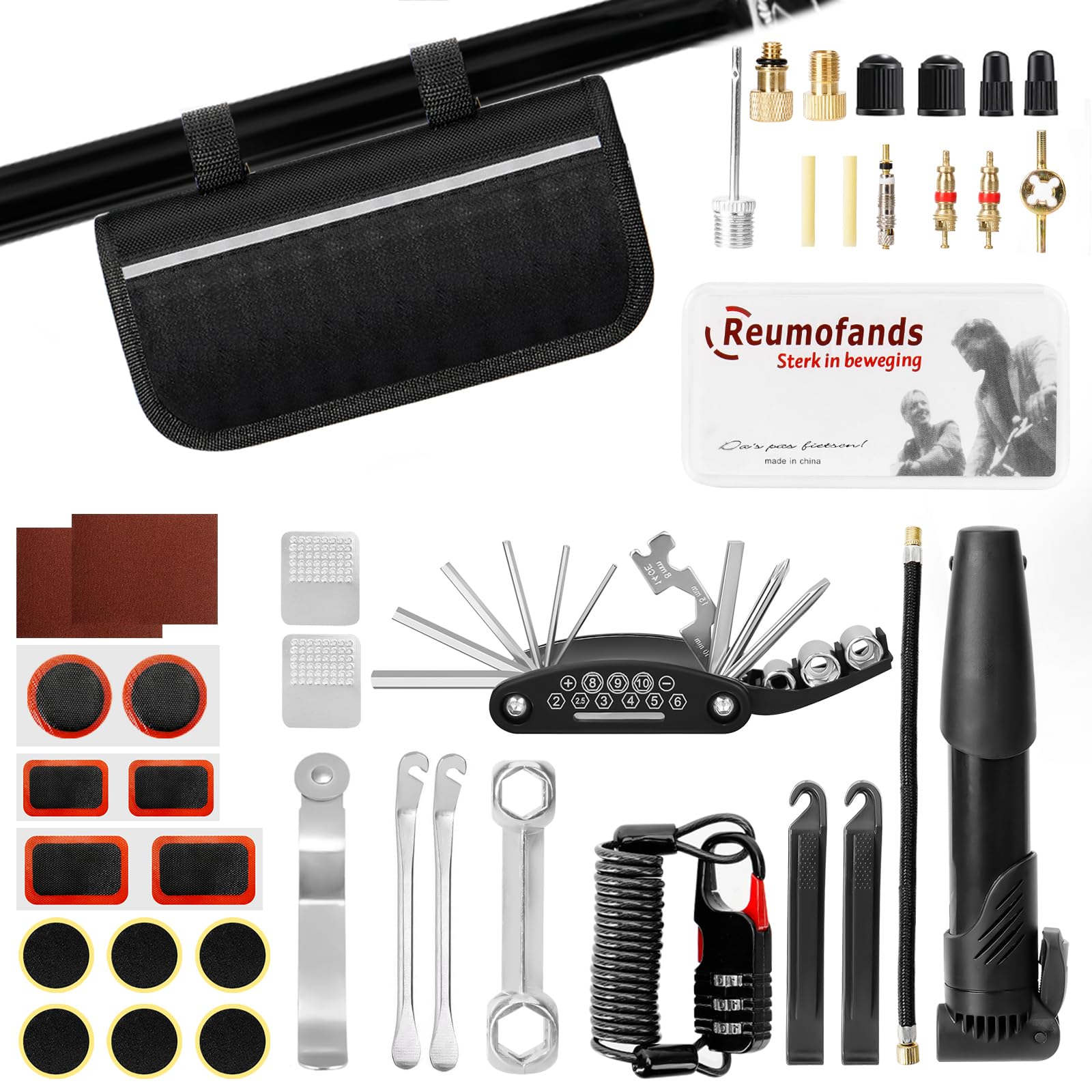 40 PCS Kit Riparazione Bici, 16 in 1 Kit di Attrezzi per la Riparazione di Biciclette e Pompa con Pneumatici di Biciclette, Toppe Portatili, Kit Riparazione Gomme per Biciclette da Strada