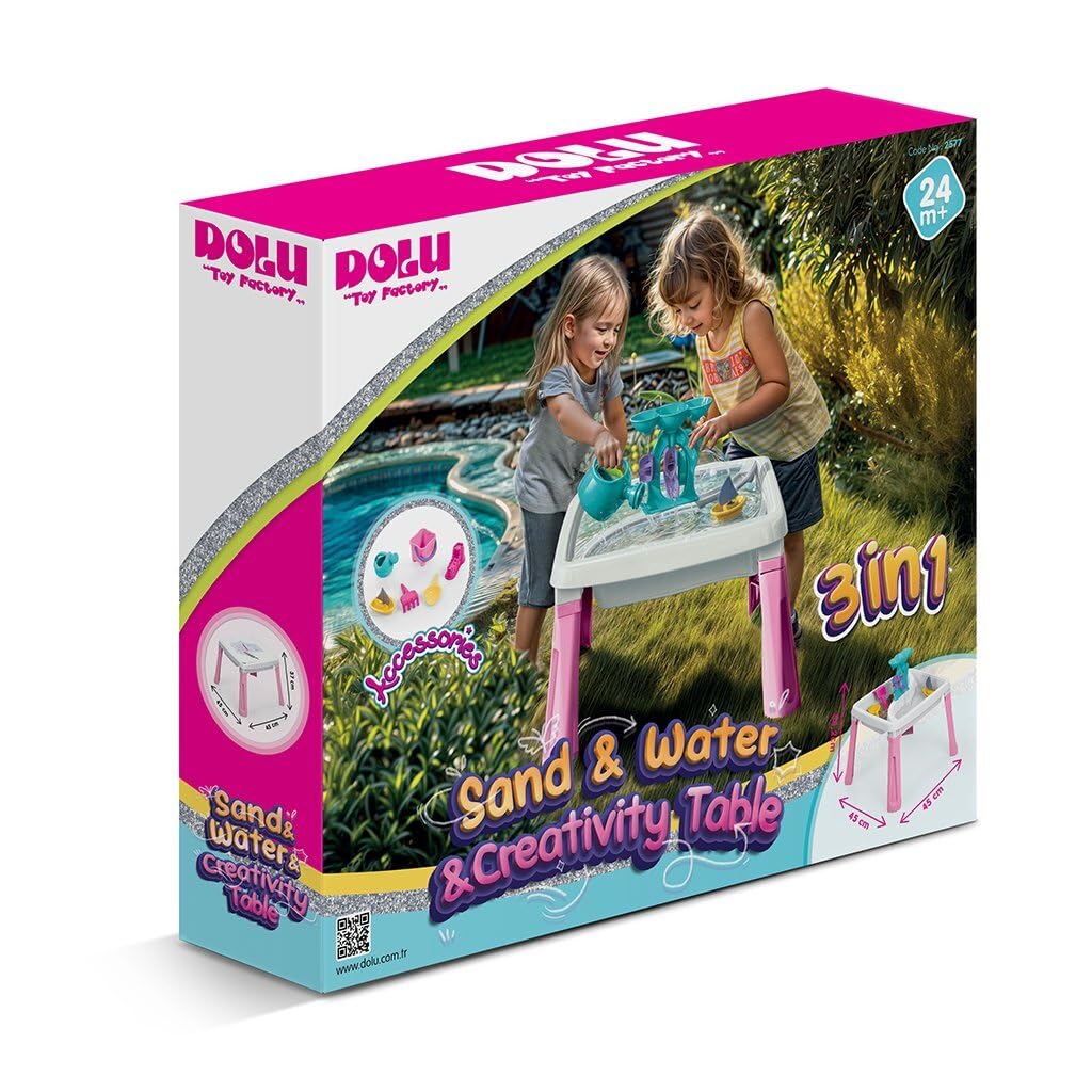 Dolu Tavolo con Sabbia e Acqua 3 in 1, Giocattolo Creativo per Bambini dai 24 Mesi in su, Vassoio da Gioco, Tavolo da Gioco per Acqua, Sandbox – Rosa/Bianco