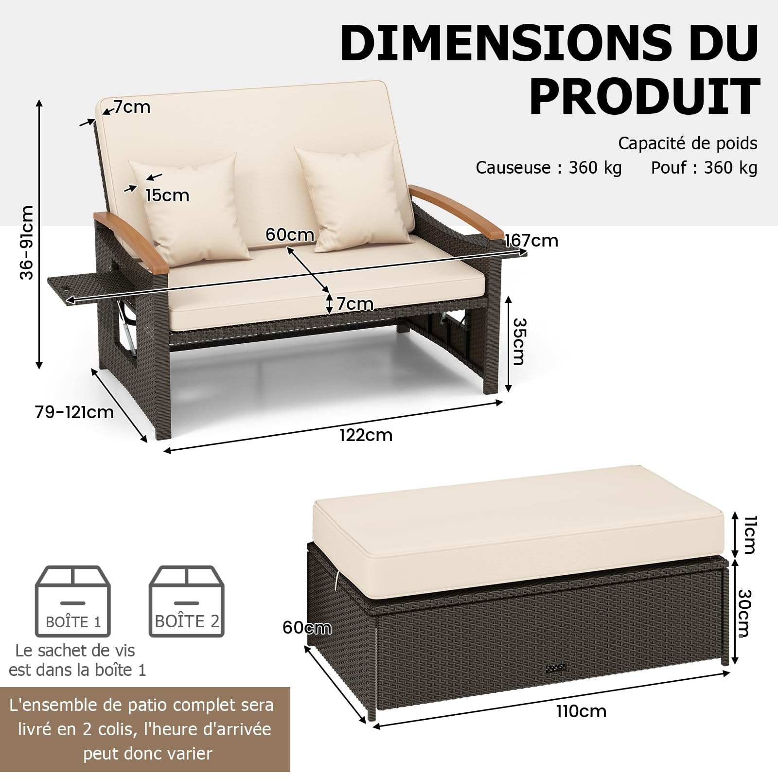 GYMAX 4-en-1 Canapé-Lit de Jardin, Table Basse, Ottoman, Coussins Oreillers Confortables, Dossier Réglable à 4 Niveaux, Salon de Jardin Exterieur en Rotin 2 Personnes, pour Patio, Terrasse, Piscine