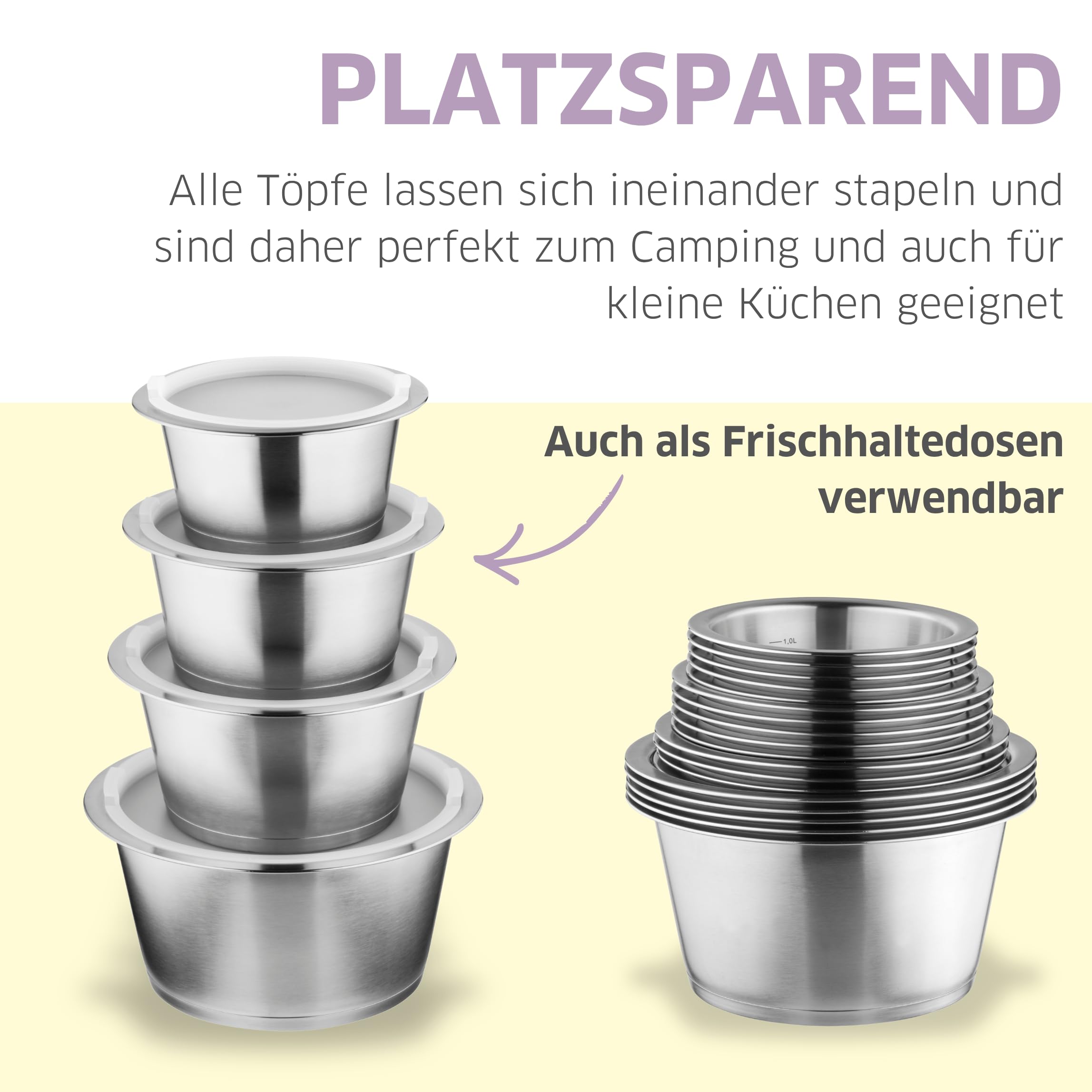 Topfset 12-tlg, abnehmbarer Griff, Edelstahl 18/10 | Das 12-teilige Set umfasst 3 Töpfe, 3 Griffe und 6 Deckel – stapelbar, spülmaschinenfest und induktionsgeeignet