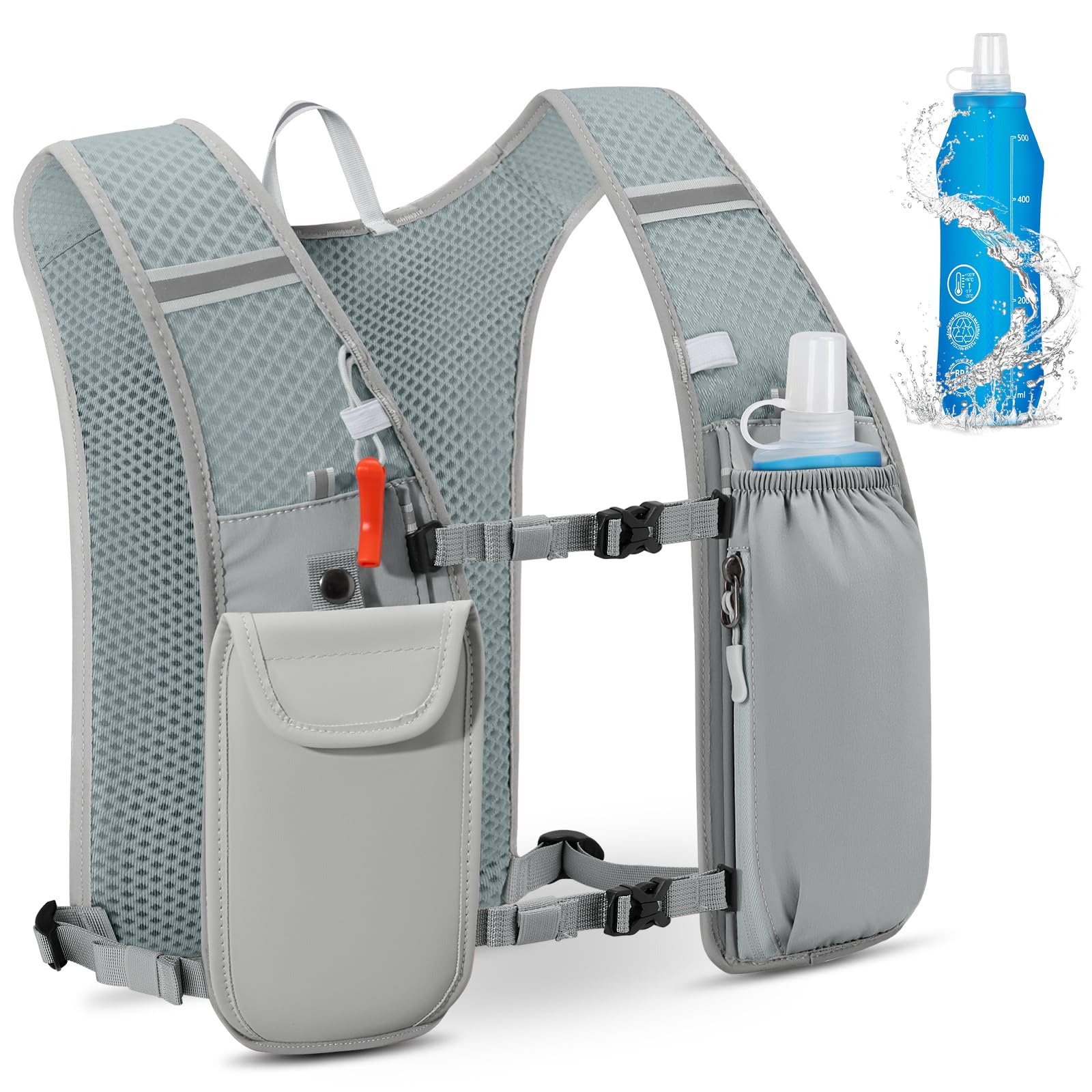 Running Vest for Men Women Lightweight Reflective Running Backpack Hydration Vest Pack with 500ml Water Bottle for Marathons Trail Running Cycling Hiking,Grey
