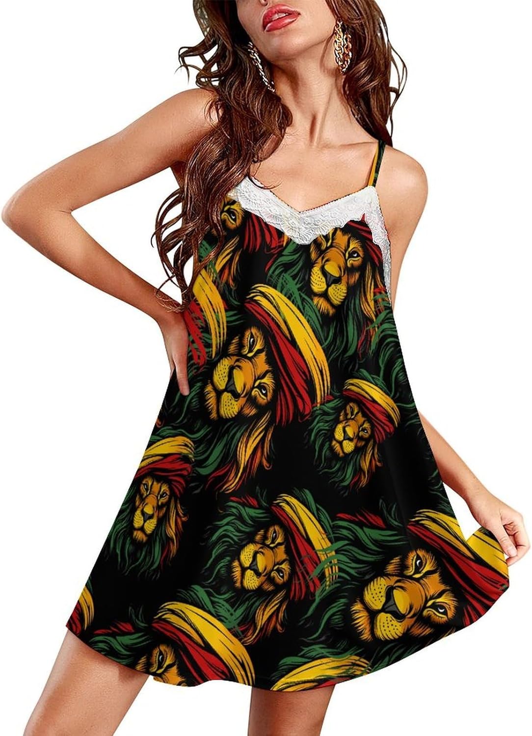Rasta Reggae Lion Jamaica Lace Nightgown Sleeveless Sleepwear Comfortable Nightwear Soft Lingerie Dess for Women