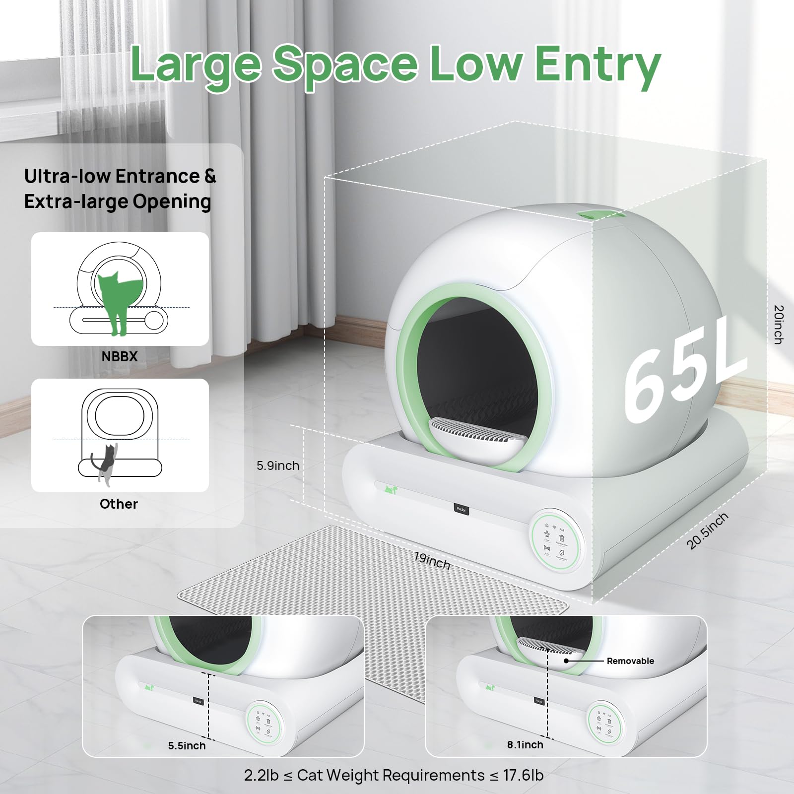 Lettiera elettrica autopulente per gatti, 65 L + 9 L, con ingresso basso, per più gatti, pulizia automatica con app, verde