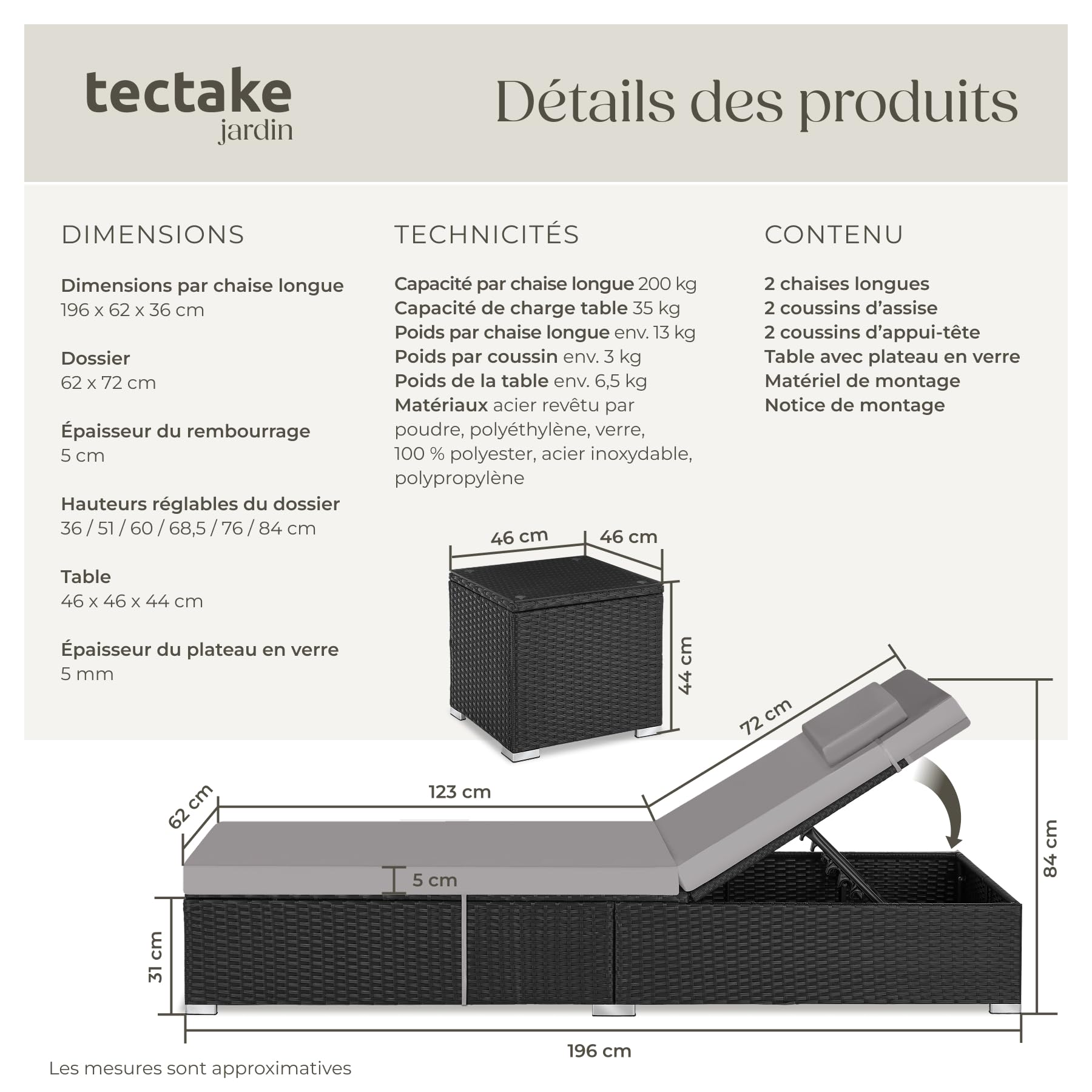 tectake® Chaise longue double en rotin 62x196x36 cm, Table d'appoint incluse, Transat Jardin Exterieur réglable 6 positions, Résistant aux UV et Intempéries, Bain de Soleil Max. 200kg, Jardin, Piscine