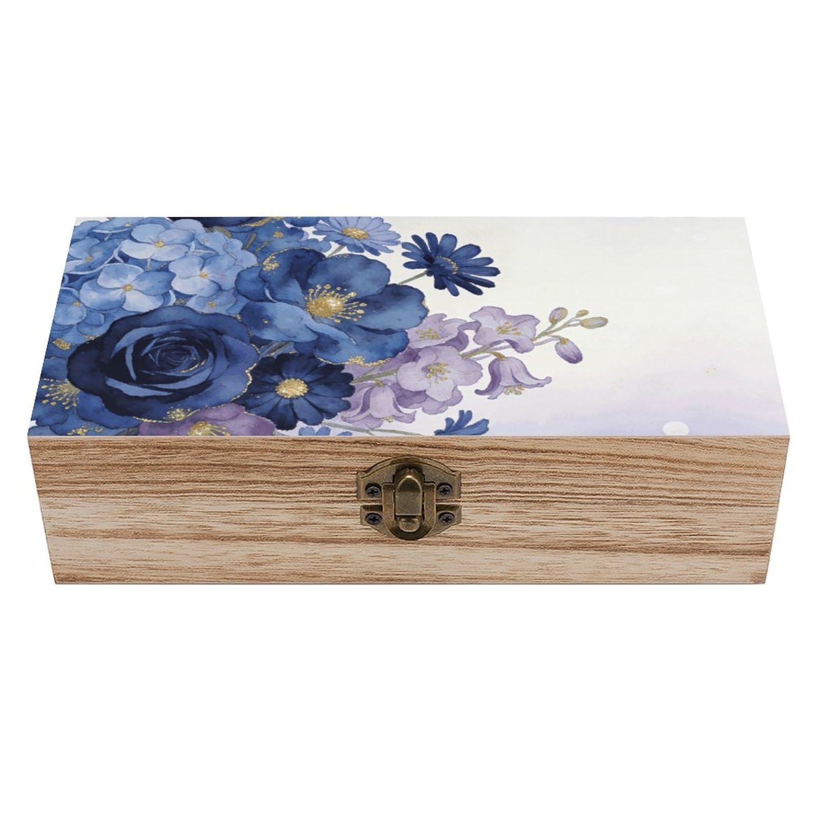 LZQPOEAS Navy Bloom Mix Wooden Storage Box Small Decorative Box with Hinged Lid Handmade Elegant Keepsake Storage Box for Jewelry, Photos, Trinkets, Letter Gifts, Small Heirlooms