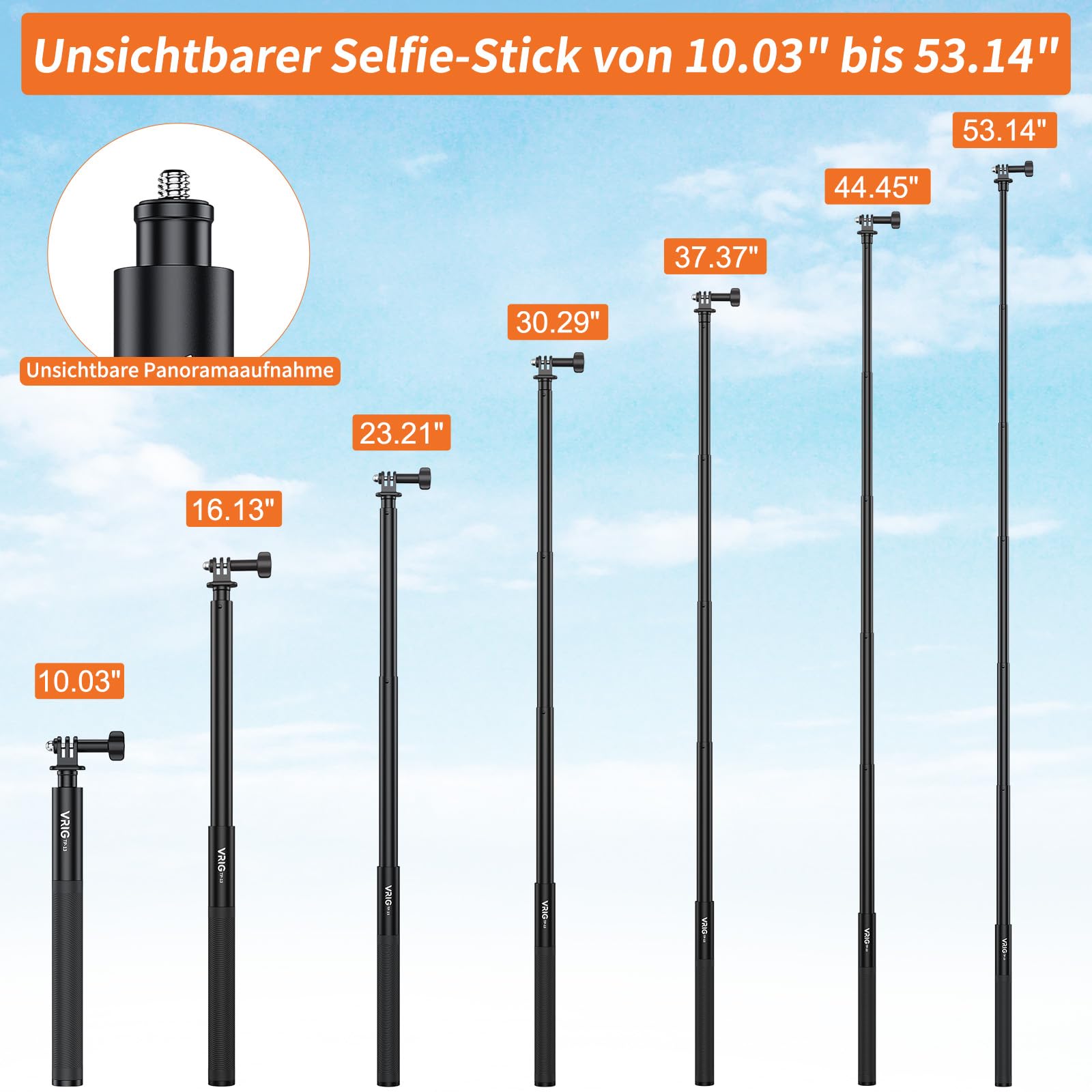 VRIG 131 cm Unsichtbarer Selfie-Stick für Insta 360 X5/ X4 Air/ X4/ X3/ DJI Osmo 360, 7-Stange Verlängerungsstange mit Gopro-Adapter Kompatibel mit Mission 1 Pro, Hero 13, Action-kameras