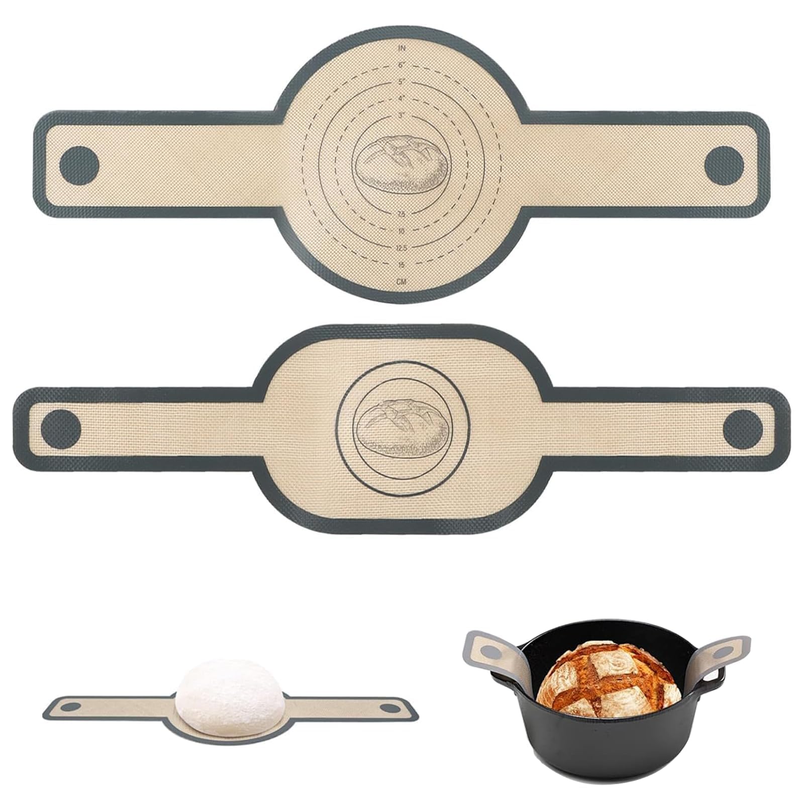 Tapis de Cuisson en Silicone pour Four Hollandais Lot de 2 Antiadhésif Réutilisable avec Poignées Anti-Brûlures Compatible Pizza Pain au Levain Rond Ovale