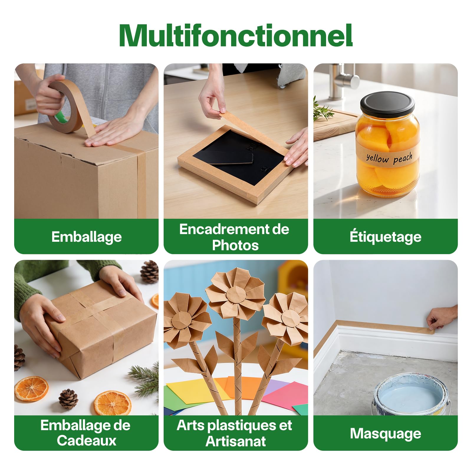 Ruban D'emballage en Papier 24mm x 50m | Recyclable, Inscriptible et imperméable | Ruban Adhésif Papier Kraft pour emballer des colis et des boîtes, déménager | 6 Rouleaux