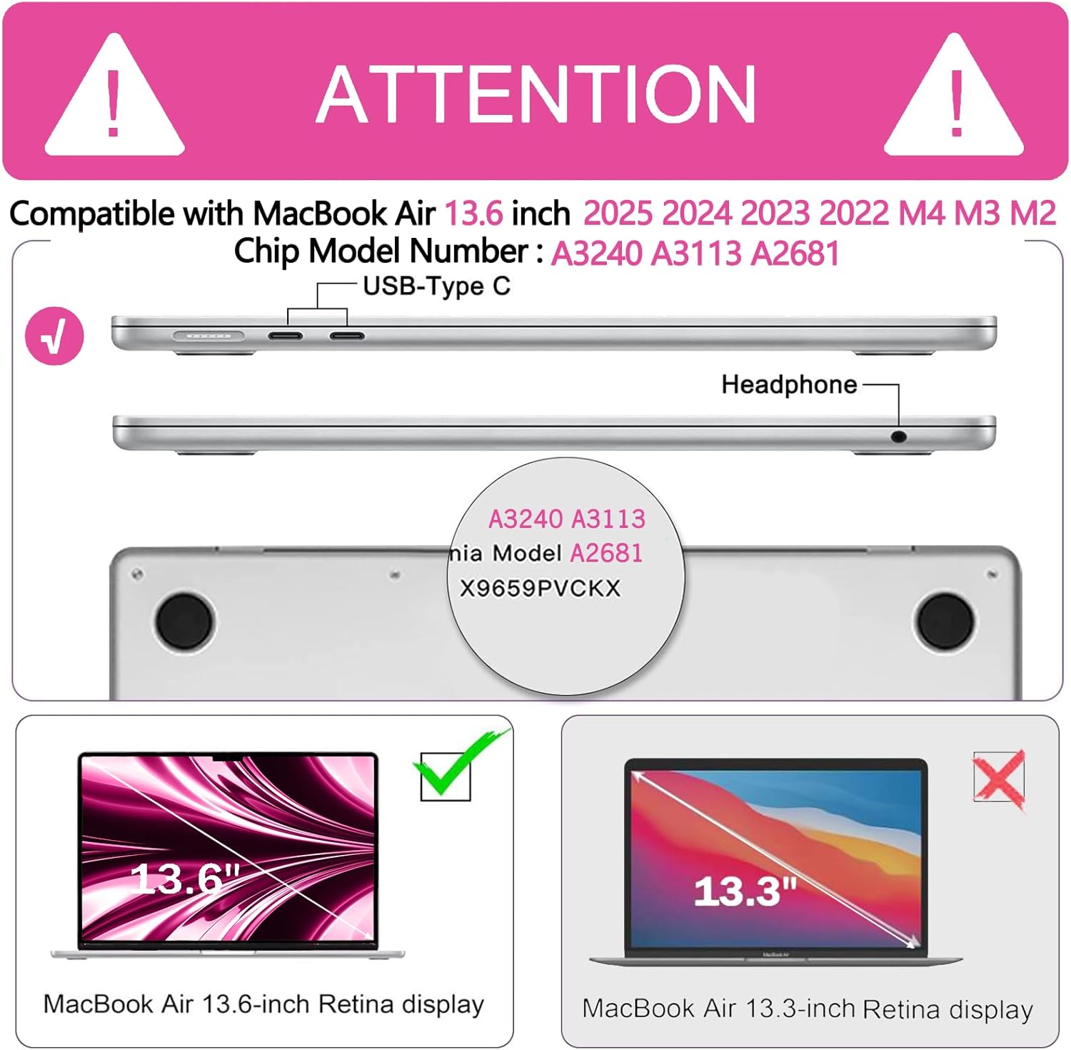 Anban Compatible with MacBook Air 13 inch Case 2026 2025 2024 2023 2022 M4 M3 M2 A3240 A3113 A2681, Plastic Hard Shell+Keyboard Cover+Screen Protector for MacBook Air 13.6 inch Case,Hot Pink Checkered - Image 2