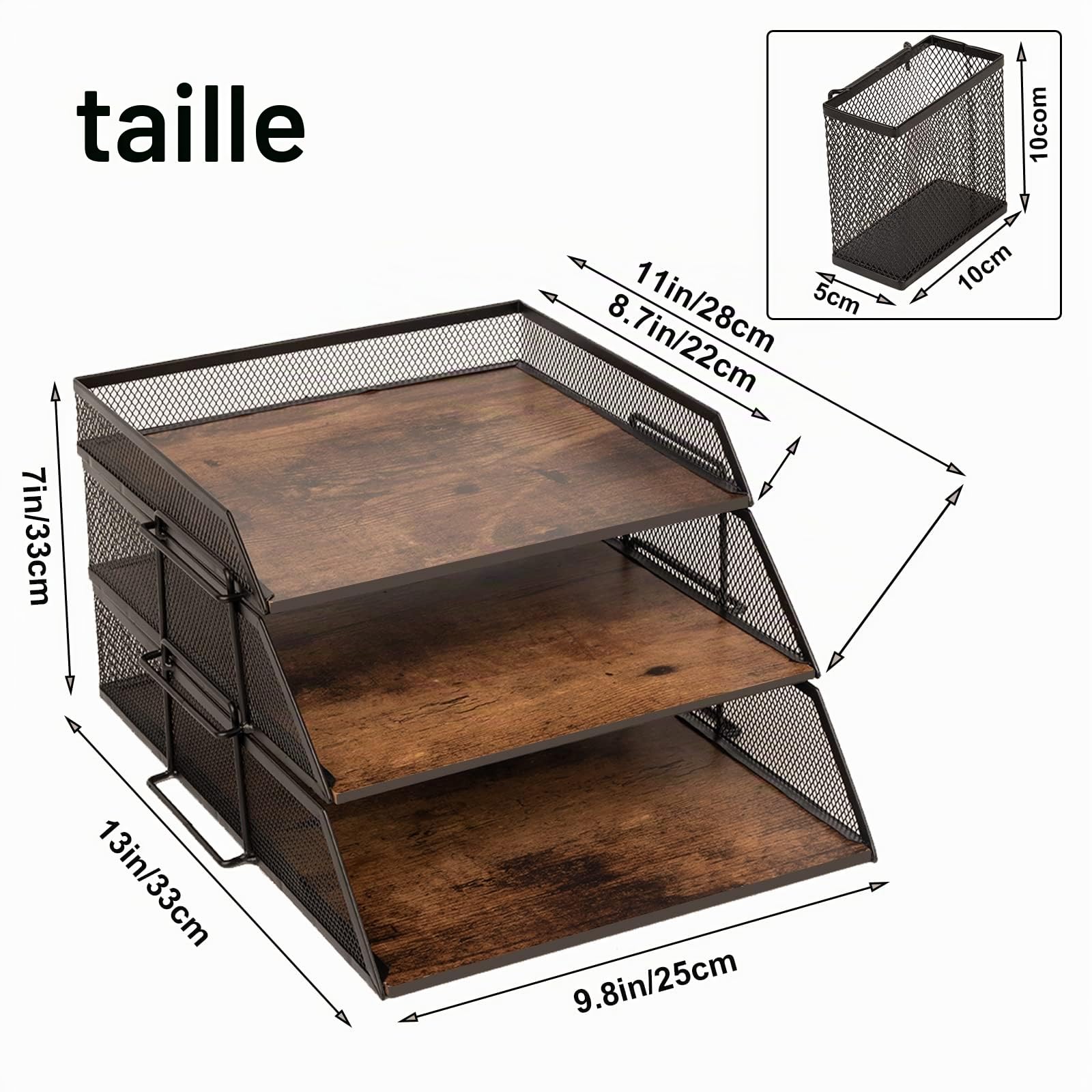 Bac à courrier vintage en bois et métal, empilable, pour fichiers, magazines, courrier, organiseur de fichiers en bois vintage avec porte-stylo (3 couches)